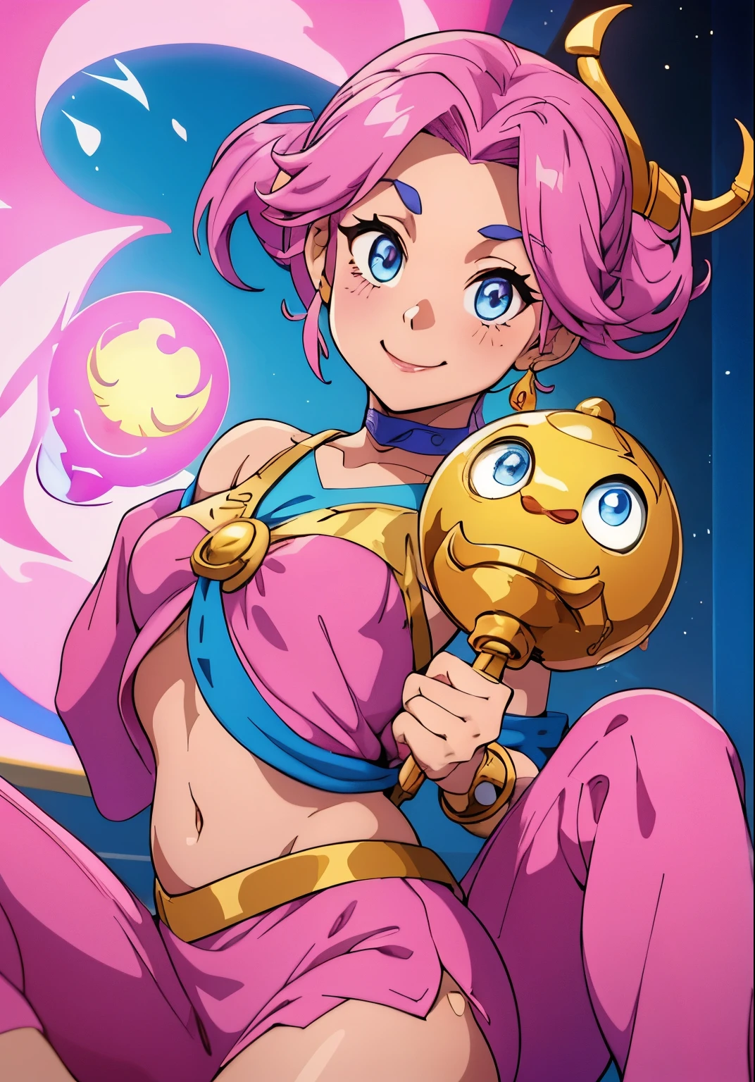 one person, cute girl, Genie of the lamp, Inspired by the genie of the magic lamp in the movie Aladdin, Beautiful eyes, pink clothes, tied hair, beautiful smile, steam