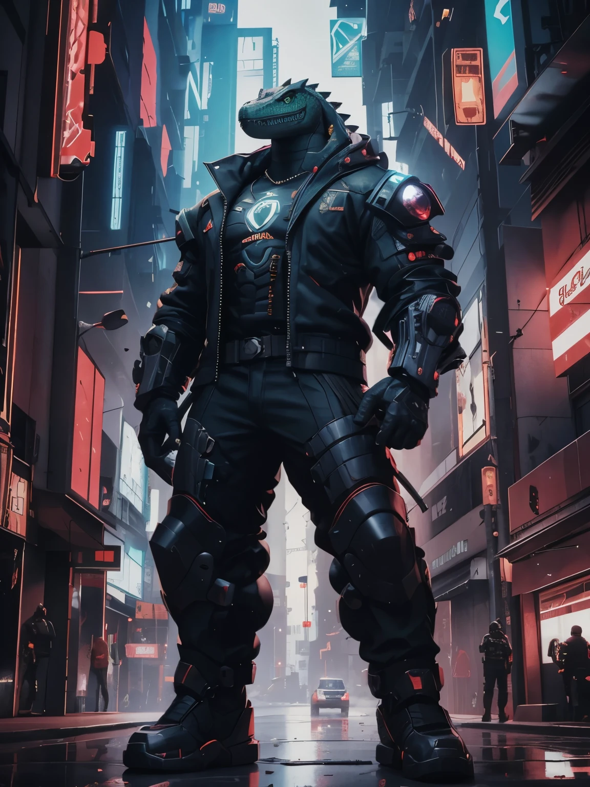 Guerreiro cyberpunk de crocodilo de vanguarda com arma grande