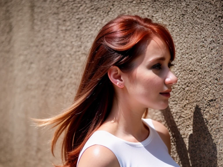 mulher europeia, 25 anos, Profile position, Alegre, fundo branco, medium red hair