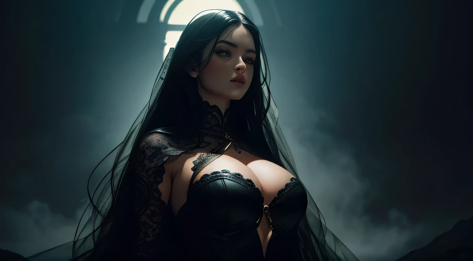 (photo realism, Best Quality, High Details, hight resolution:1.2, Masterpiece, 4k), (Dark Fantasy Illustration:1.ortrait of beautiful The woman, ((surrounded by black fog, attacking from all sides)), The woman, Messy long black hair, , beatiful face, Hourglass body, Cyan eyes, gloweyes)), elegant, Intricate , hourglass figure, (finely detailed beautiful eyes: 1.2), ((Huge-breasts)), the perfect body, looking a viewer, enchanting gaze, 1girl, full-length portrait, Cinematic lighting, darkness, dark scene, ((low key light)), Turning off the lights, Super detailed, ultra realisic, digital photography