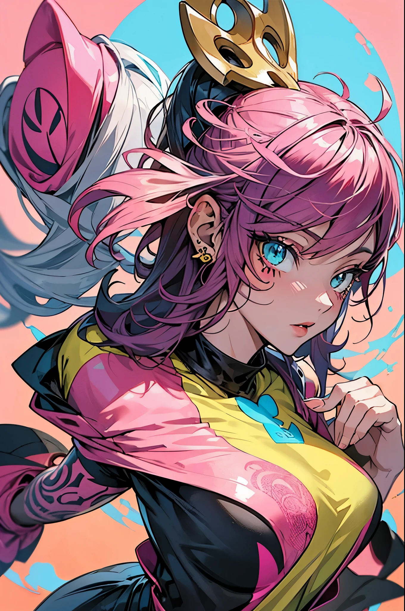 Alternative anime girl covered in tattoos, lots of tattoos, tattoo sleeves, focus on pink and yellow colours, illustration, basic colour backgrounds, industrial, graphic, Lino print