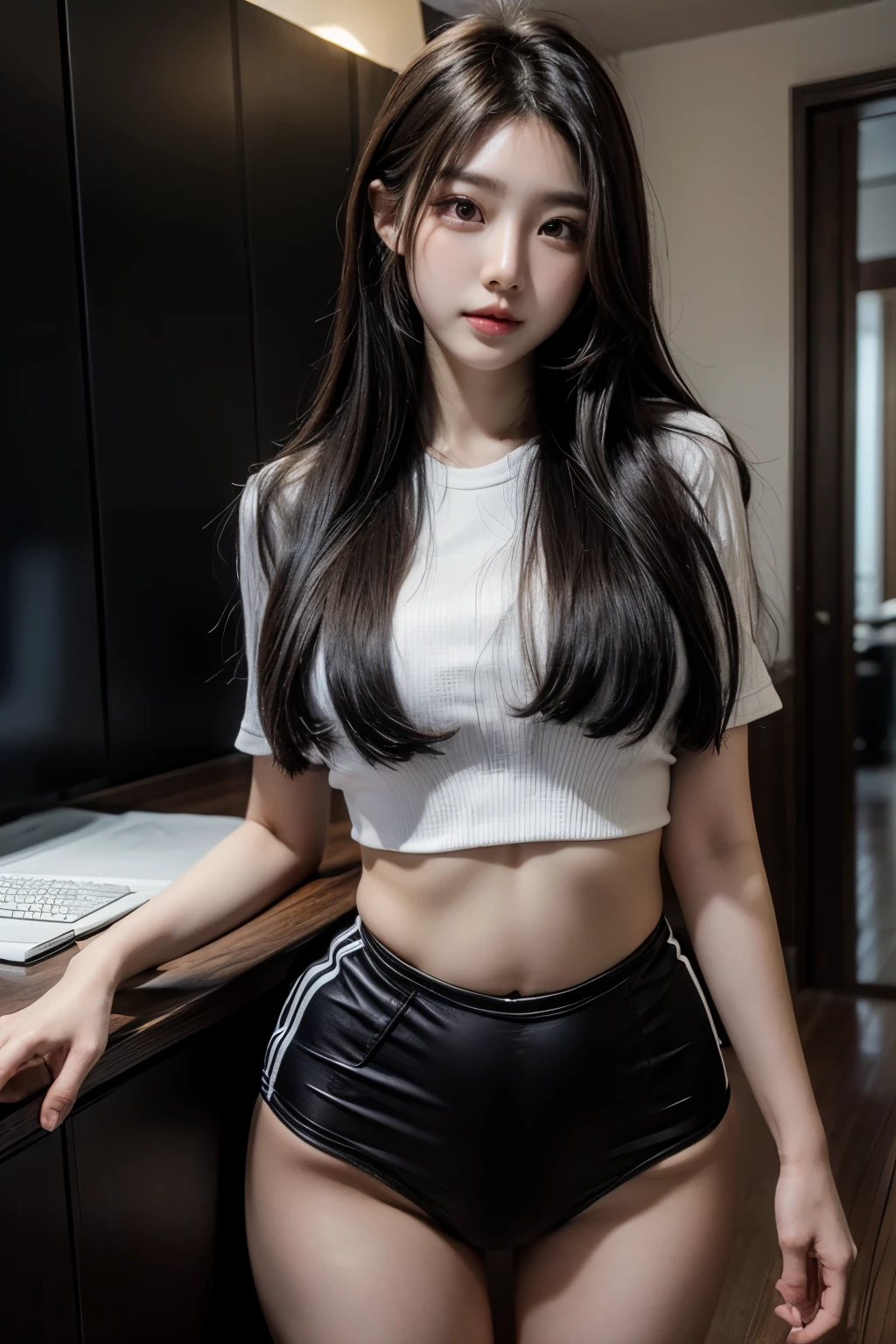 , jovem mulher coreana bonita, cabelos longos, Realistisch, na academia, bunda grossa