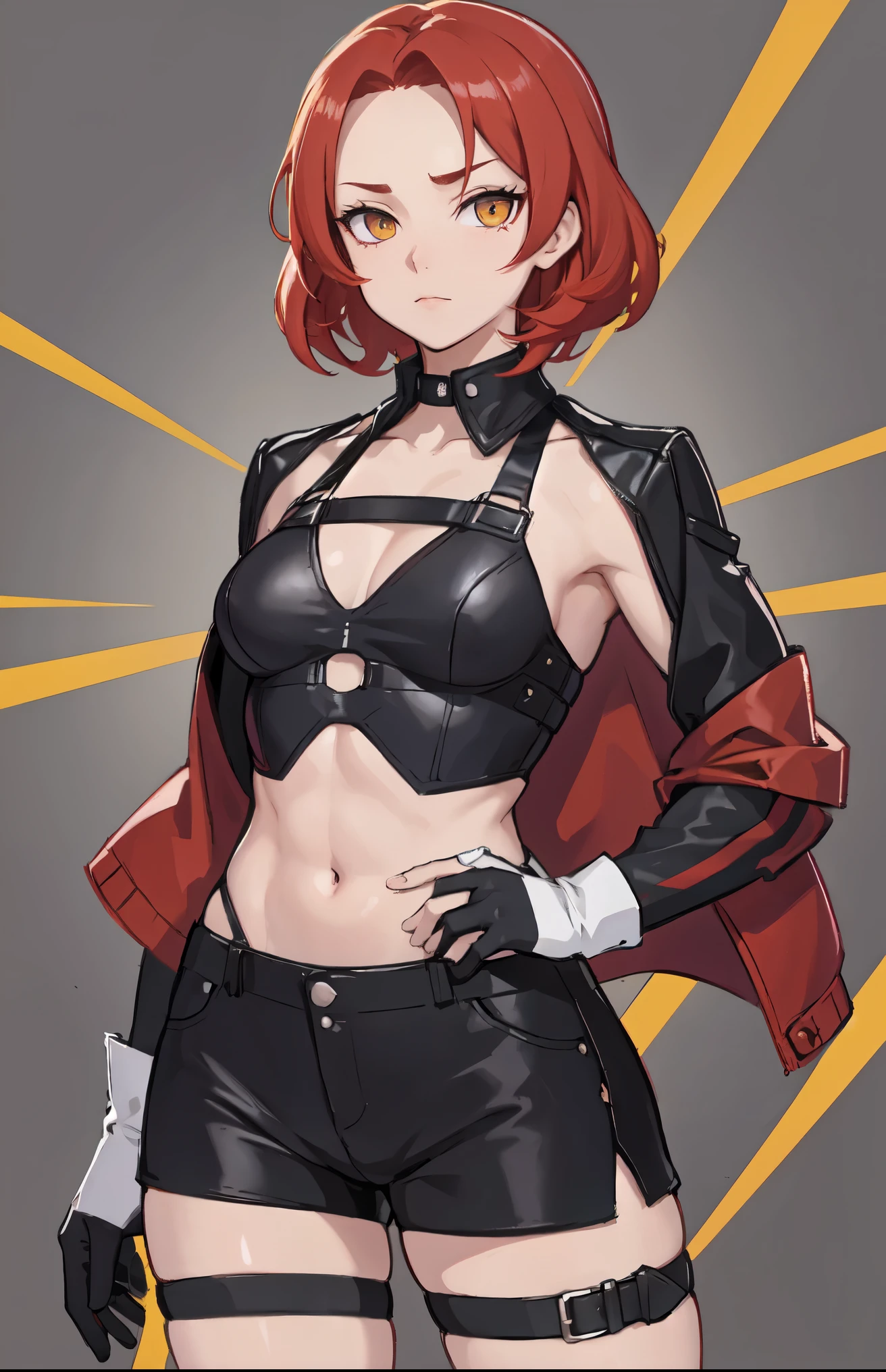 1girl, young woman, solo, short hair, Small  hair, (forehead:1.2), yellow eyes, sharp ocular posture, (scarlet red hair), light brown skin tone, Athletic, muscular, medium breasts, (cropped jacket, black jacket), white shirt, collared shirt, (chest harness, shoulder strap:1.15), black leather shorts, pantyhose 7/8, garter belt, gloves, elegant, looking at viewer, standing, mustard color background, masterpiece, best quality, 4k