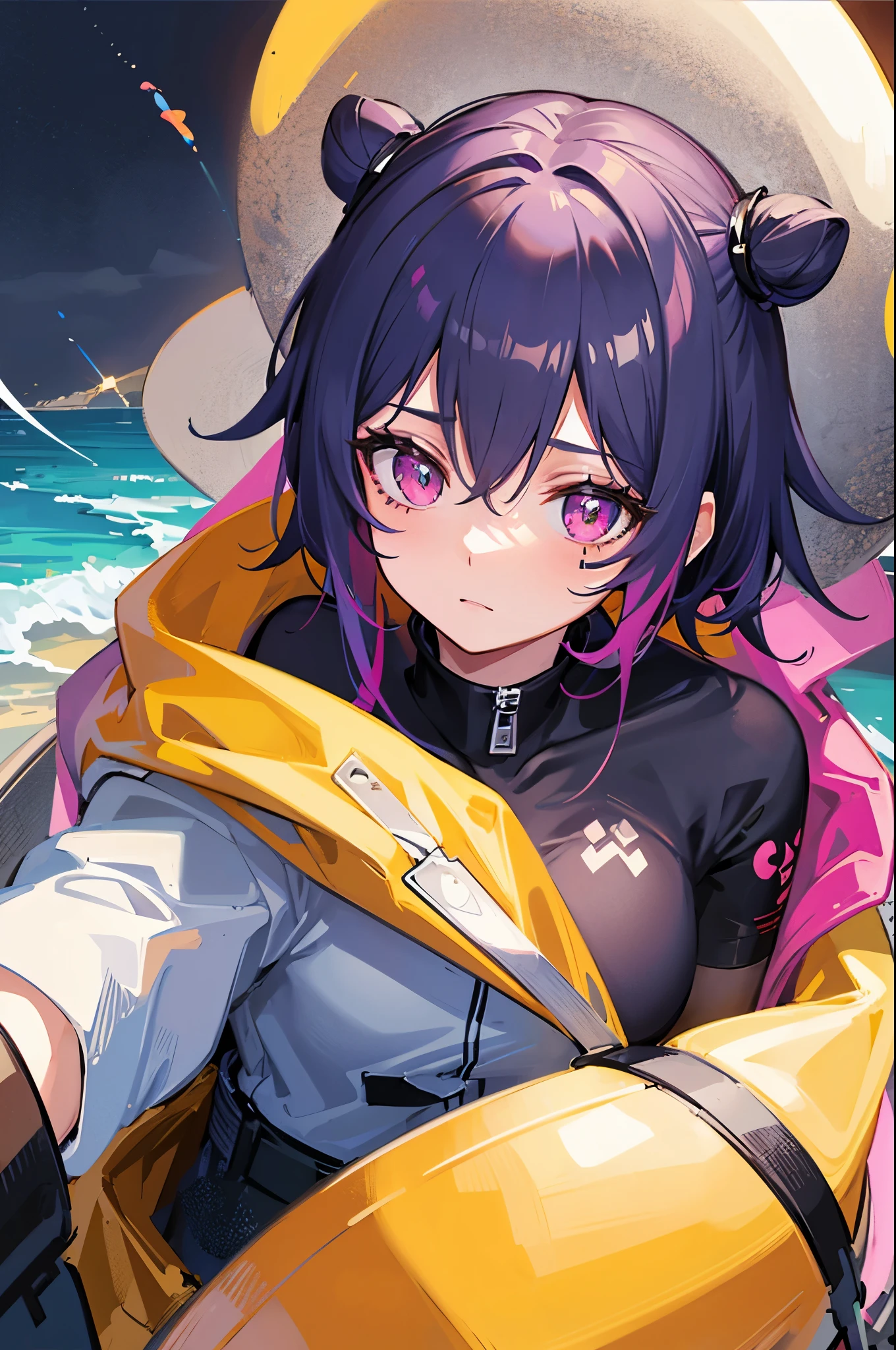 Alternative anime girl covered in tattoos, lots of tattoos, tattoo sleeves, focus on pink and yellow colours, illustration, basic colour backgrounds, industrial, graphic, Lino print