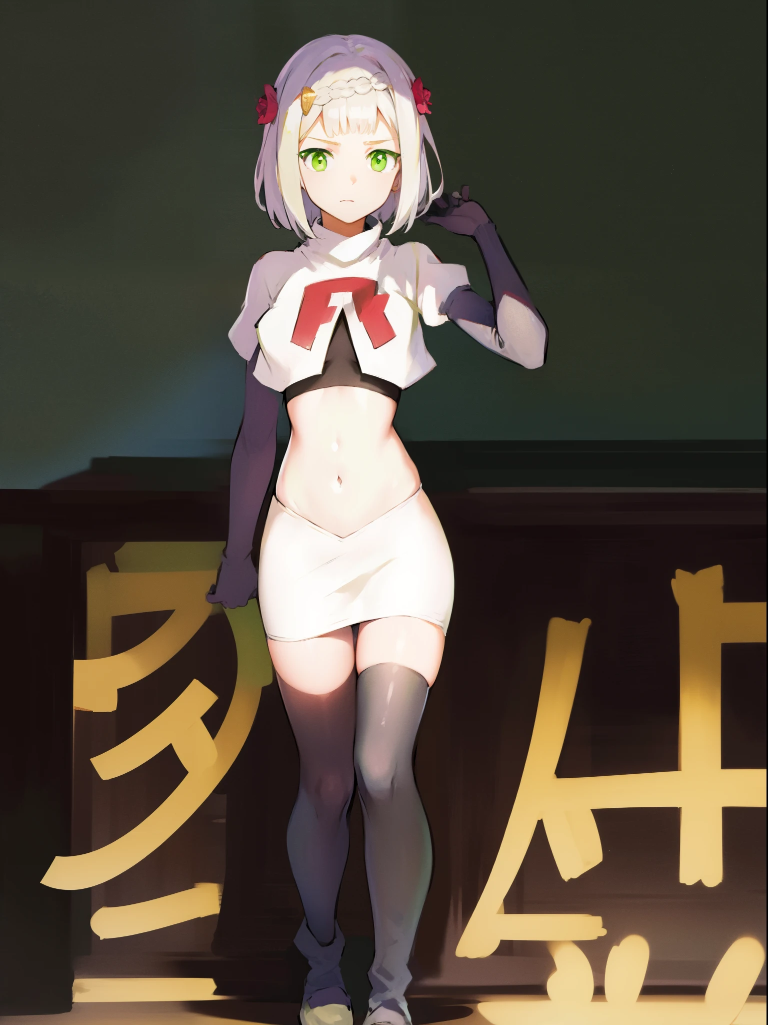 genshinnoelle, noelle, braid, flower, hair flower, hair ornament, short hair, silver hair, (green eyes:1.5),team rocket,team rocket uniform,white skirt,crop top,black thigh-high boots,black elbow gloves,