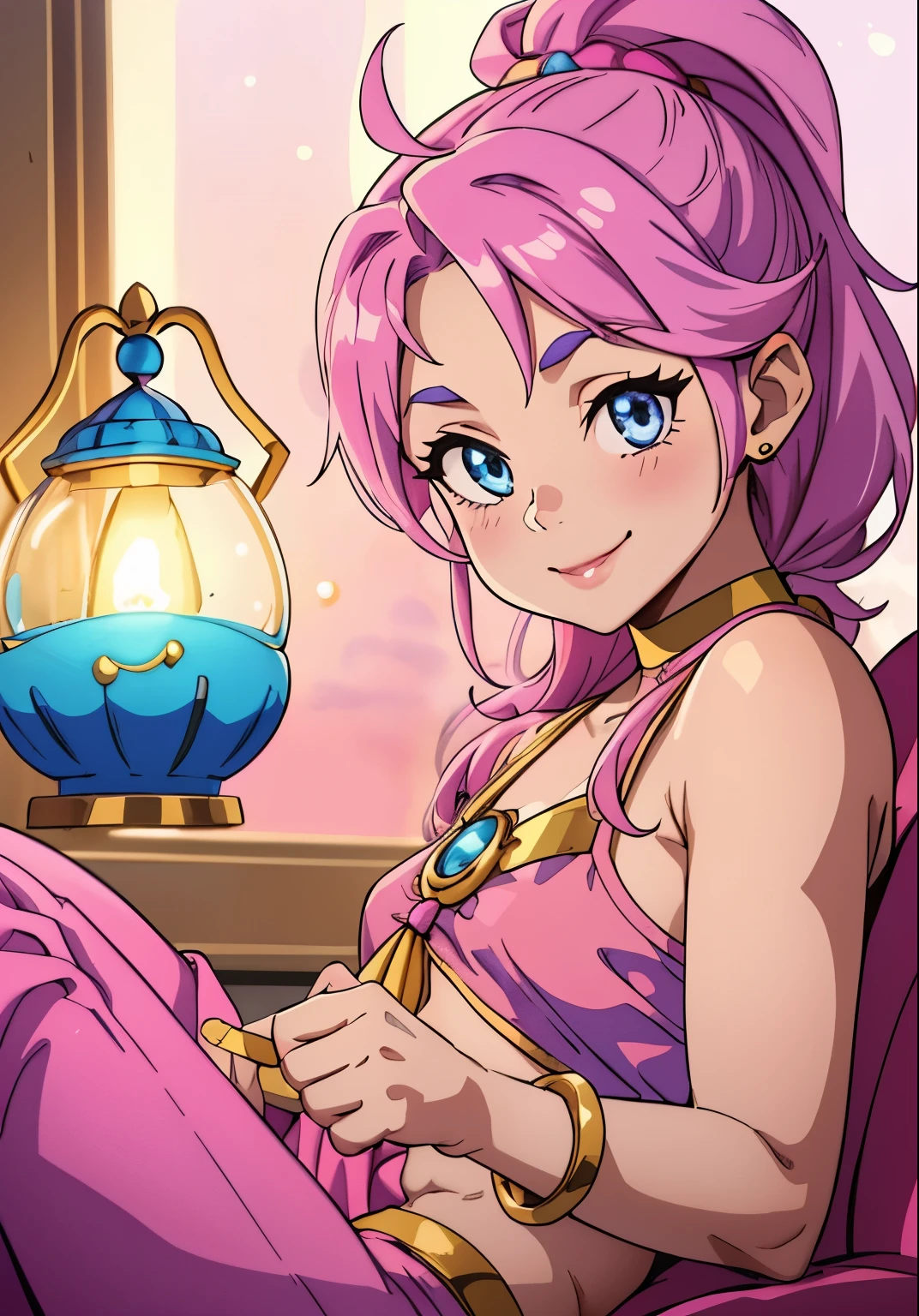 one person, cute girl, Genie of the lamp, Inspired by the genie of the magic lamp in the movie Aladdin, Beautiful eyes, pink clothes, tied hair, beautiful smile, steam