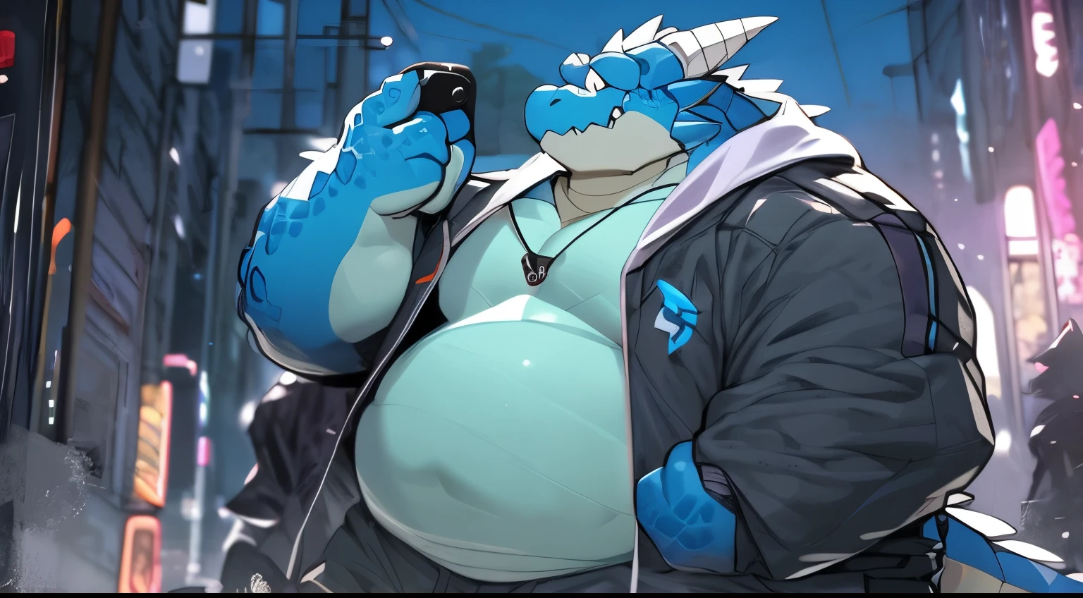 nj5furry, dragon, Stand, cyberpunk hoodie suite, street city, male, cool, blue fur, blue body,fat body