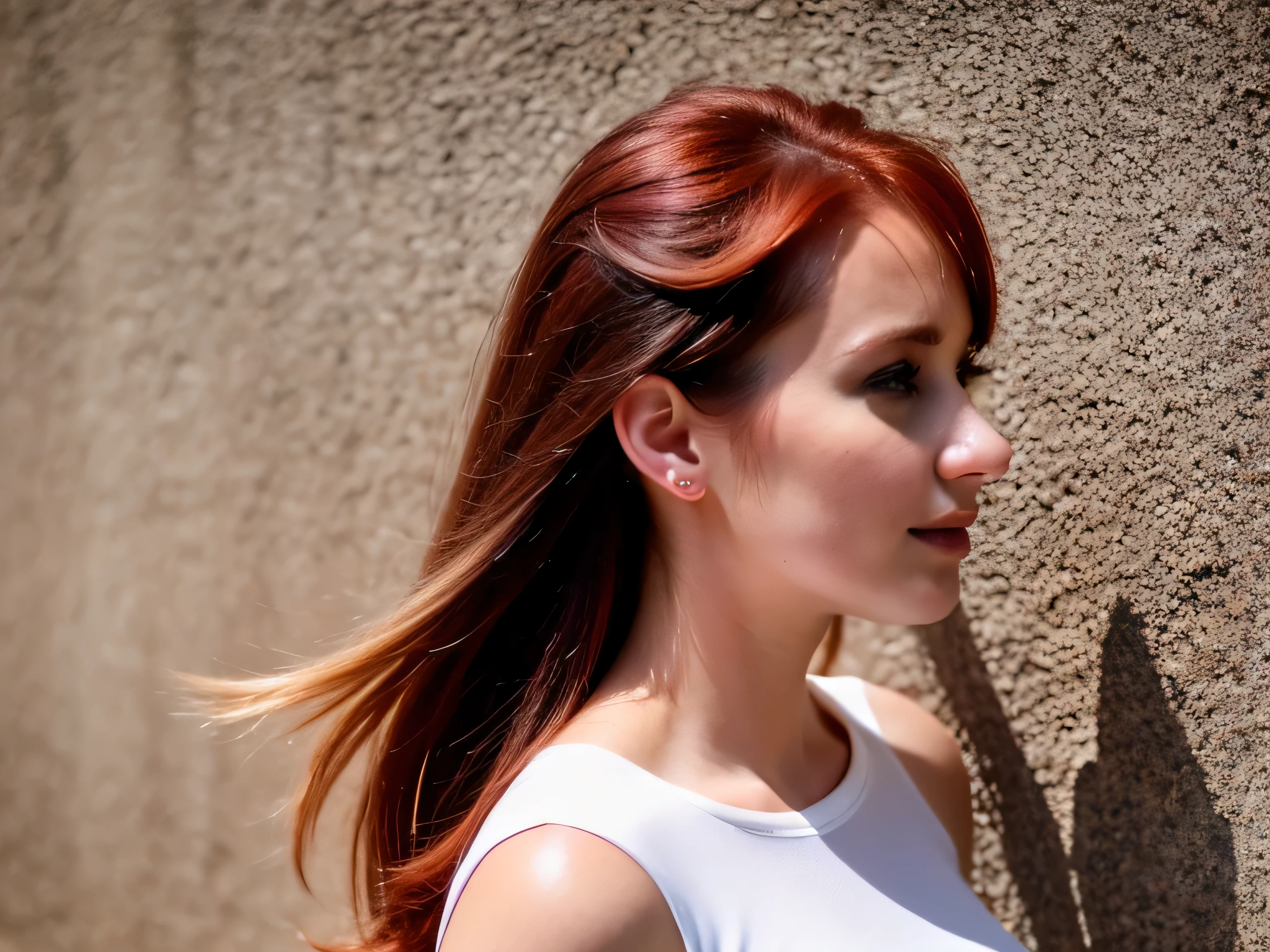 mulher europeia, 25 anos, Profile position, Alegre, fundo branco, medium red hair