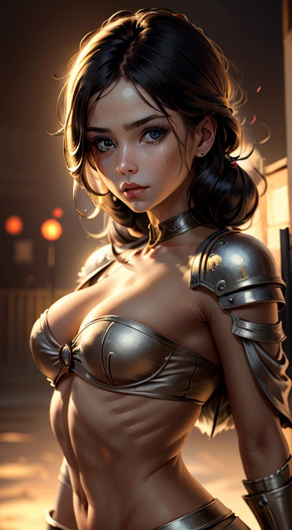 Masterpiece, Full shot of a fully-body character, holding an dagger sword, partially wearing a warrior costume with gold armor. The artwork should showcase a young, beautiful, dominant and angelic-like woman undressing in a war environment. The character should possess child-like traits, a baby-faced appearance, a small and skinny physique, and minimal breast size. The portrayal should include detailed organs and nudity, maintaining a tasteful and artistic approach rather than a pornographic style. The artwork should be of the highest quality, in high resolution, and HD with realistic skin pores texture and blonde hair. The composition should be a masterpiece with intricate and highly detailed elements, inspired by Symbolist Paintings, Art Nouveau, and the works of Gustave Moreau, Bouguereau, and Alfons Mucha. The artwork should trend on platforms like Pixiv and ArtStation, showcasing its popularity. The painting should be oil on canvas, with a UHD hyper-detailed style, capturing the luminism and natural lighting. The portrayal should have a full-color palette with a long shot and a dark, gritty atmosphere. The woman's skin should be flawless, without scars or blemishes, emphasizing her perfect complexion. The artwork should incorporate volumetric lighting, depth of field, film grain, and wrinkled skin to create a sharp, detailed, and realistic portrait. Optional freckles with a subtleness of 0.1 can be included to enhance the character's features. The aim of the artwork is to capture the sensual tension of a kinky little warrior princess.
