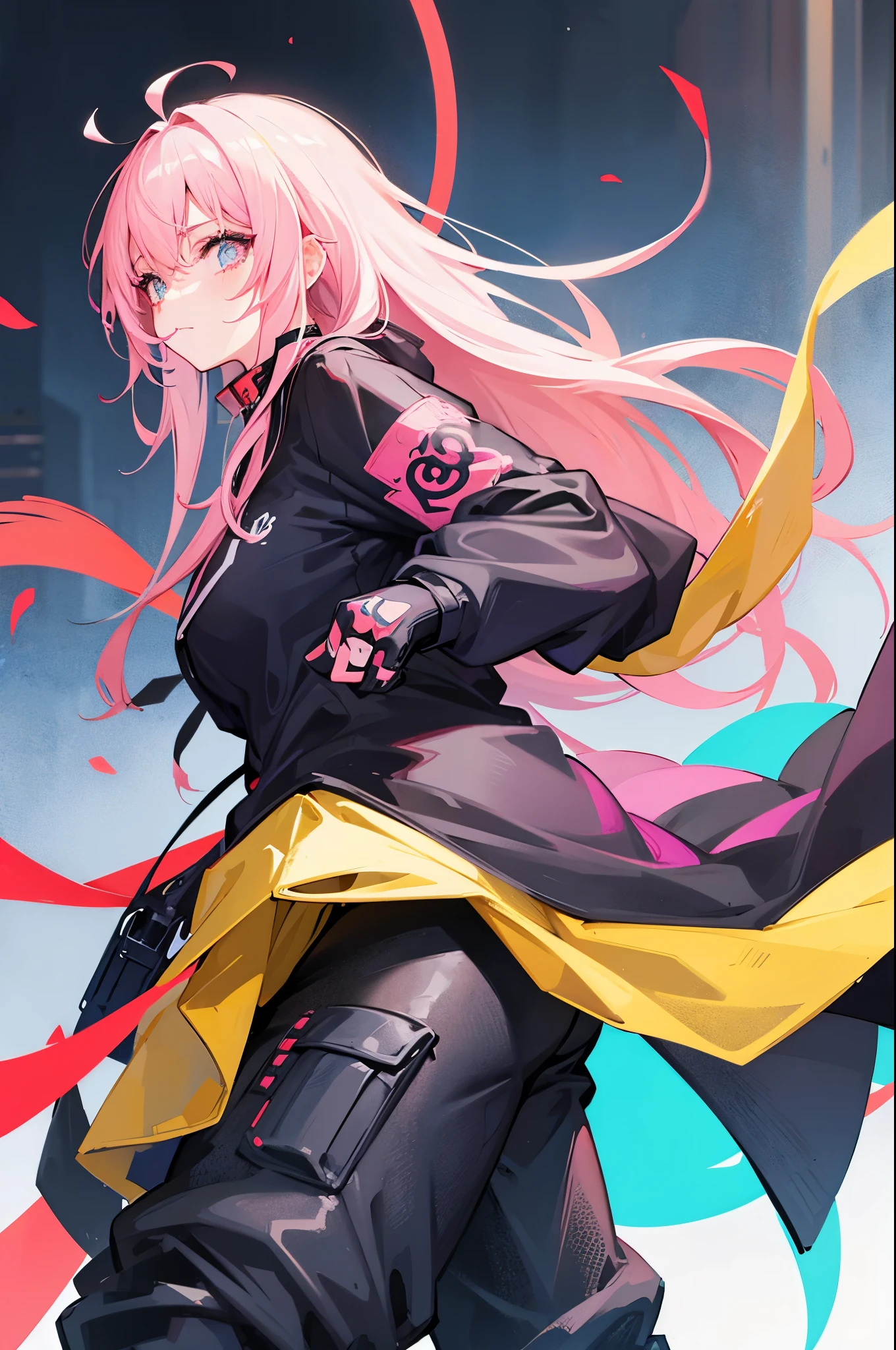 Alternative anime girl covered in tattoos, lots of tattoos, tattoo sleeves, focus on pink and yellow colours, illustration, basic colour backgrounds, industrial, graphic, Lino print