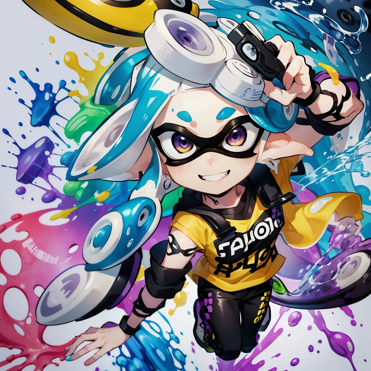 ((Splatoon))、Full body drawing, Yellowshirt、spatlue hairs、sano、vivid colour、freehand、Cuttlefish hair、purple hair, a beauty girl、masterpiece、top-quality、detaileds、((Splash paint))、Splash paint、Drip paint、Splash ink、wearing sunglasses, action pose, cute smiling, dancing