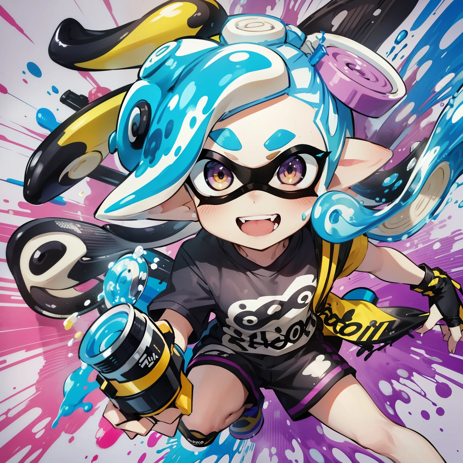 ((Splatoon))、Full body drawing, Yellowshirt、spatlue hairs、sano、vivid colour、freehand、Cuttlefish hair、purple hair, a beauty girl、masterpiece、top-quality、detaileds、((Splash paint))、Splash paint、Drip paint、Splash ink、wearing sunglasses, action pose, cute smiling, dancing