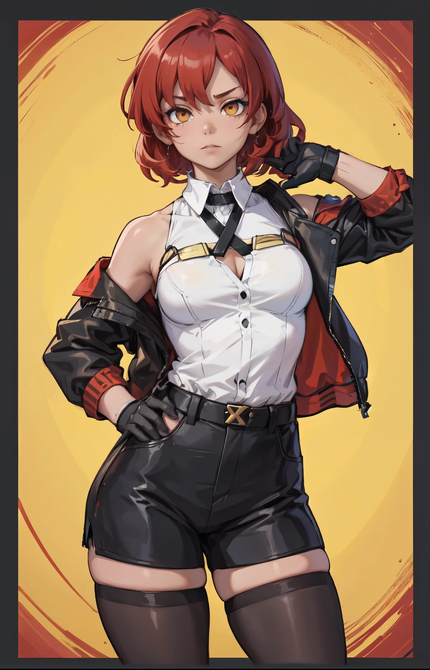 1girl, young woman, solo, short hair, Small  hair, (forehead:1.2), yellow eyes, sharp ocular posture, (scarlet red hair), light brown skin tone, Athletic, muscular, medium breasts, (cropped jacket, black jacket), white shirt, collared shirt, (chest harness, shoulder strap:1.15), black leather shorts, pantyhose 7/8, garter belt, gloves, elegant, looking at viewer, standing, mustard color background, masterpiece, best quality, 4k