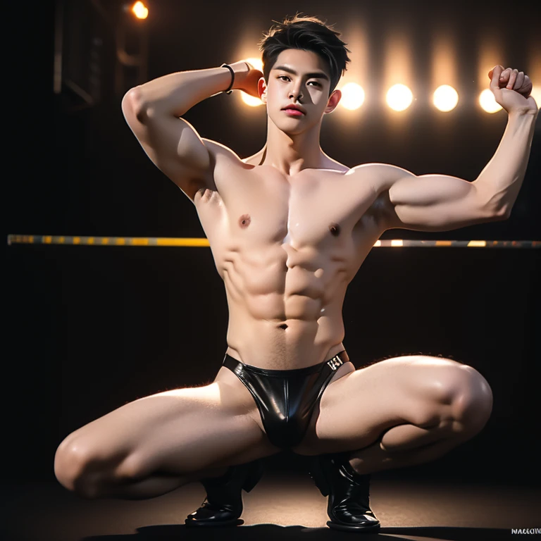 a shirtless go go boy is squatting with his legs opened and spread on the stage, he is raising is arms above his head and trying to seduce the viewer, nightclub bar scene, correct accurate male anatomy, he is masculine and stocky, handsome face, black leather harness around his torso, his nipples are pierced with steel ring, shirtless and wearing a shiny glossy black leather thong bikini only for highlighting his big bulge and big butts, big pecs, big arms, brown short hair, wearing black shiny leather boots, his body is wet oiled waxy, flawless white skin, masterpiece, professional DSLR shoot and retouching, illustration art, depth of field, sharpness, shadow, highlight viewer looking, erotic look, hot look , stripper dancing  , nsfw , pornographic , ((multiple people , multiple audience)) , Watching Viewers True 4K light and shadow , nsfw , (foot) , (buttock) , (puffy nipples) , (swollen nipples) , (unreal engine) ,(octane render , ultra-realistic , best quality , highly detail painting , super detail , dynamic angle , super-resolution , maxiumum clarity and sharpness , hdr) , (detail face) , (((photorealistic))) , (real man) , ((realistic photo)) ,(realistic style) , (real photo) , focus , detail , best quality, high-resolution , asian male , erotic , slutty whore , nsfw , handsome korean man , 15 years old , kpop idol, vivid details,hyperrealistic,beautiful background,octane rendering,best quality,masterpiece, extremely detailed, computer graphics,unity,wallpapers (realistic, photorealistic: 1.37),stunning,fine details,masterpiece,best quality,official art, extremely detailed CG unity 8k wallpaperull Body))), ((Correct body structure)), (((Correct dissection))),(((low saturation color correct:1.5))), perfect model face