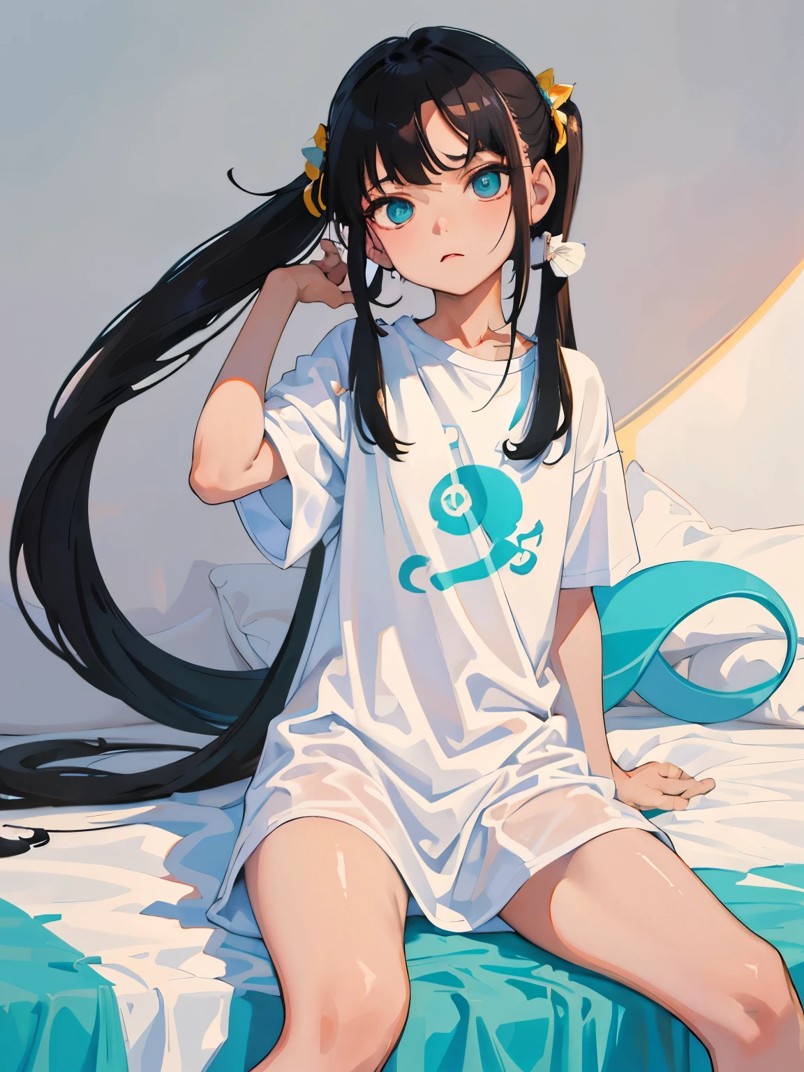 (masterpiece,Highest Quality),(),((Long white T-shirt,onepiece)),(A dark-haired,long twintail),Turquoise eyes,sleepy expression,Delicate body