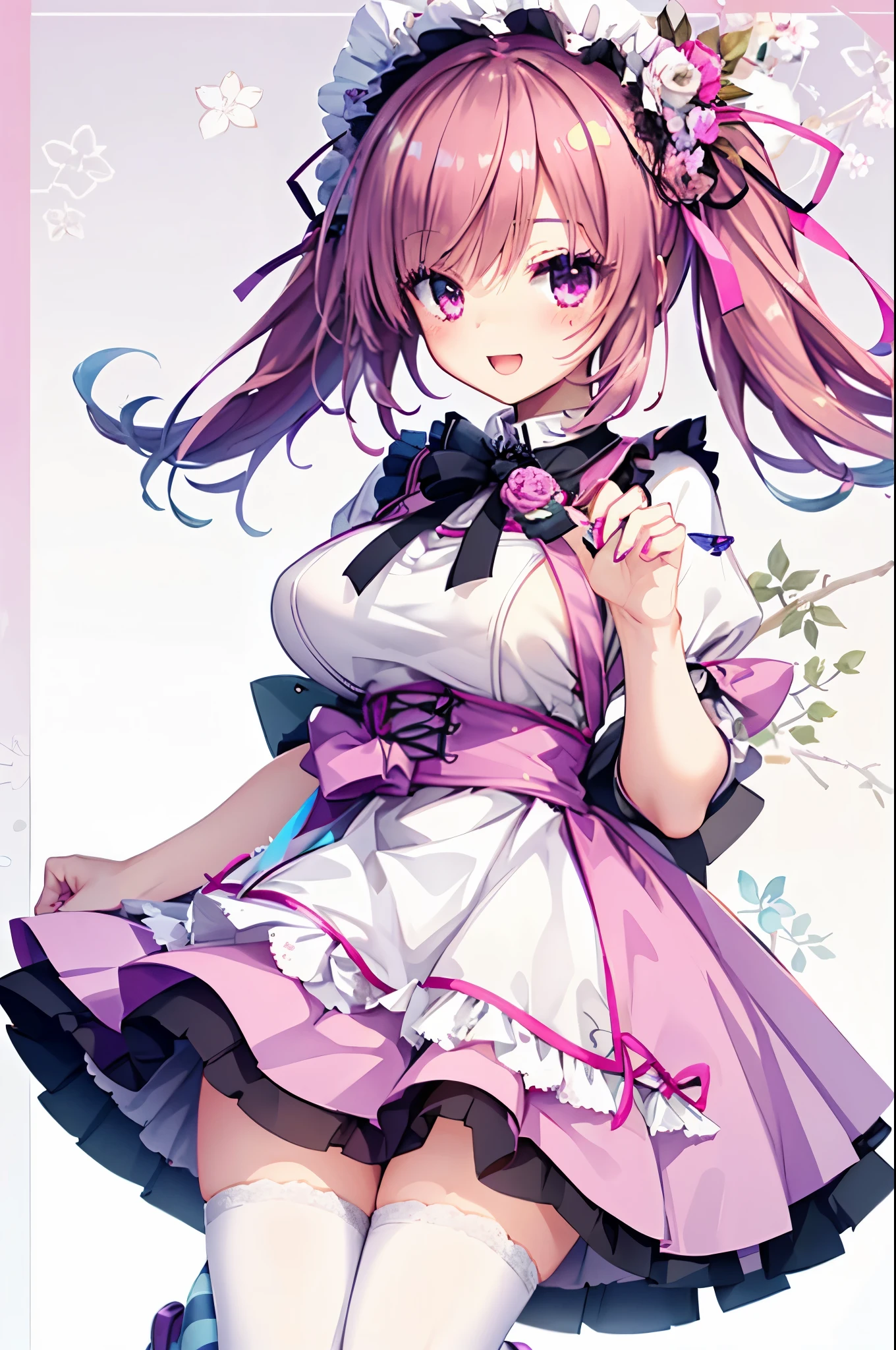 Little Girl in People,Perfect body,Perfect hands,Twin-tailed,Pink Lolita Clothes,huge tit,(Dark hair),Striped socks,Whip thighs,blushed face,Pink eyes，Smile with open mouth,Light blue Lolita,White background,Top image quality,Best Quality