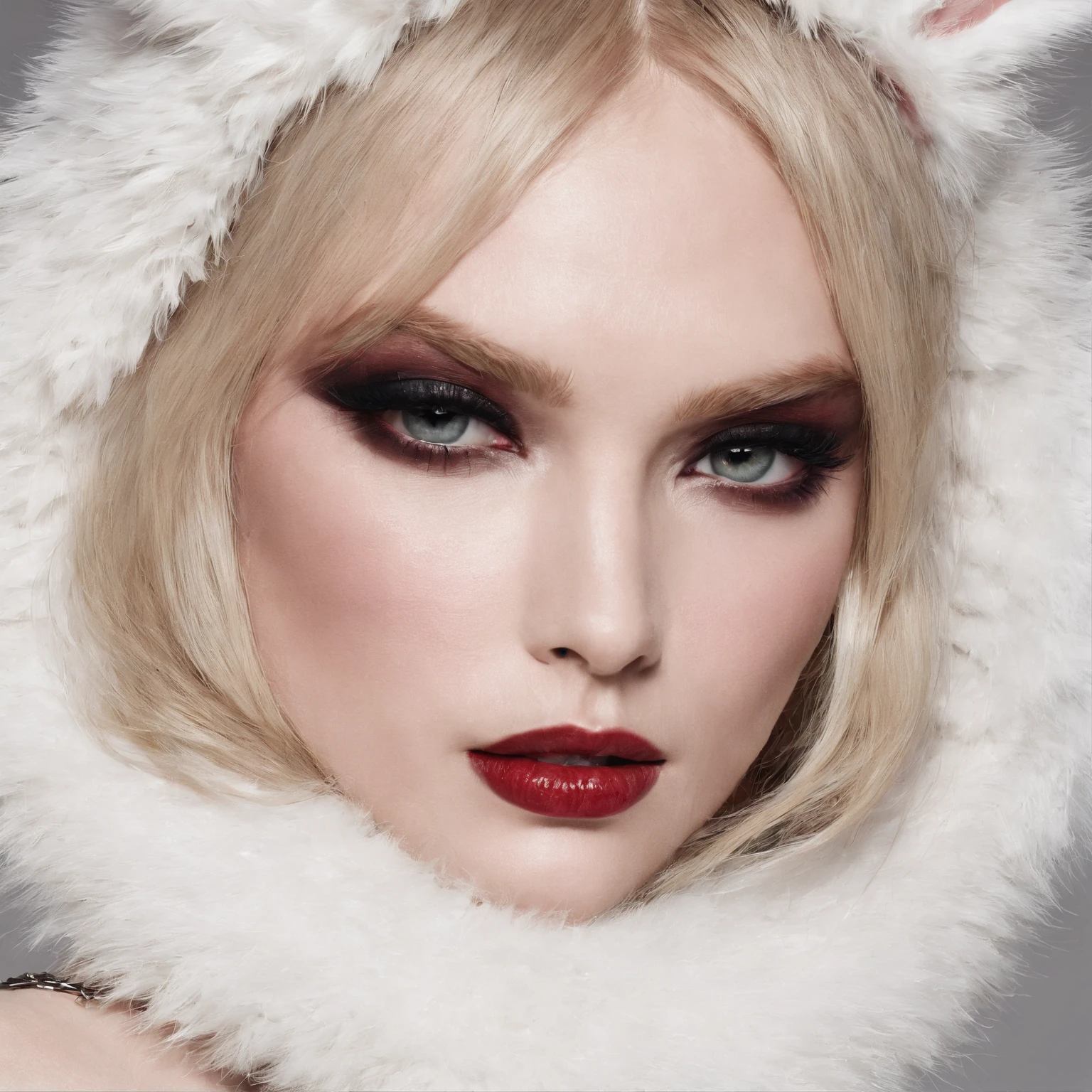 1girl, Russian model, dressed in a rabbit fur, heavy makeup