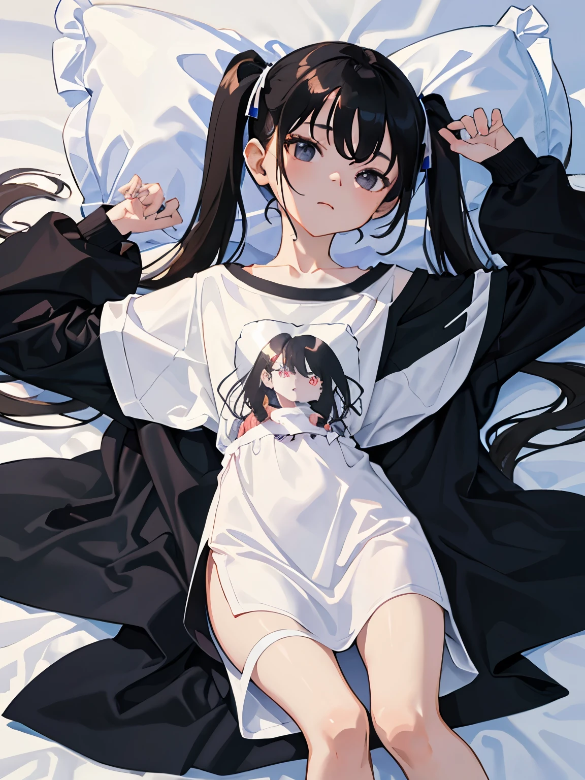 （​masterpiece，Highest Quality），(child)，((Long T-shirt，Thin dress))，(A dark-haired，long twintail)，sleepy expression，Delicate body