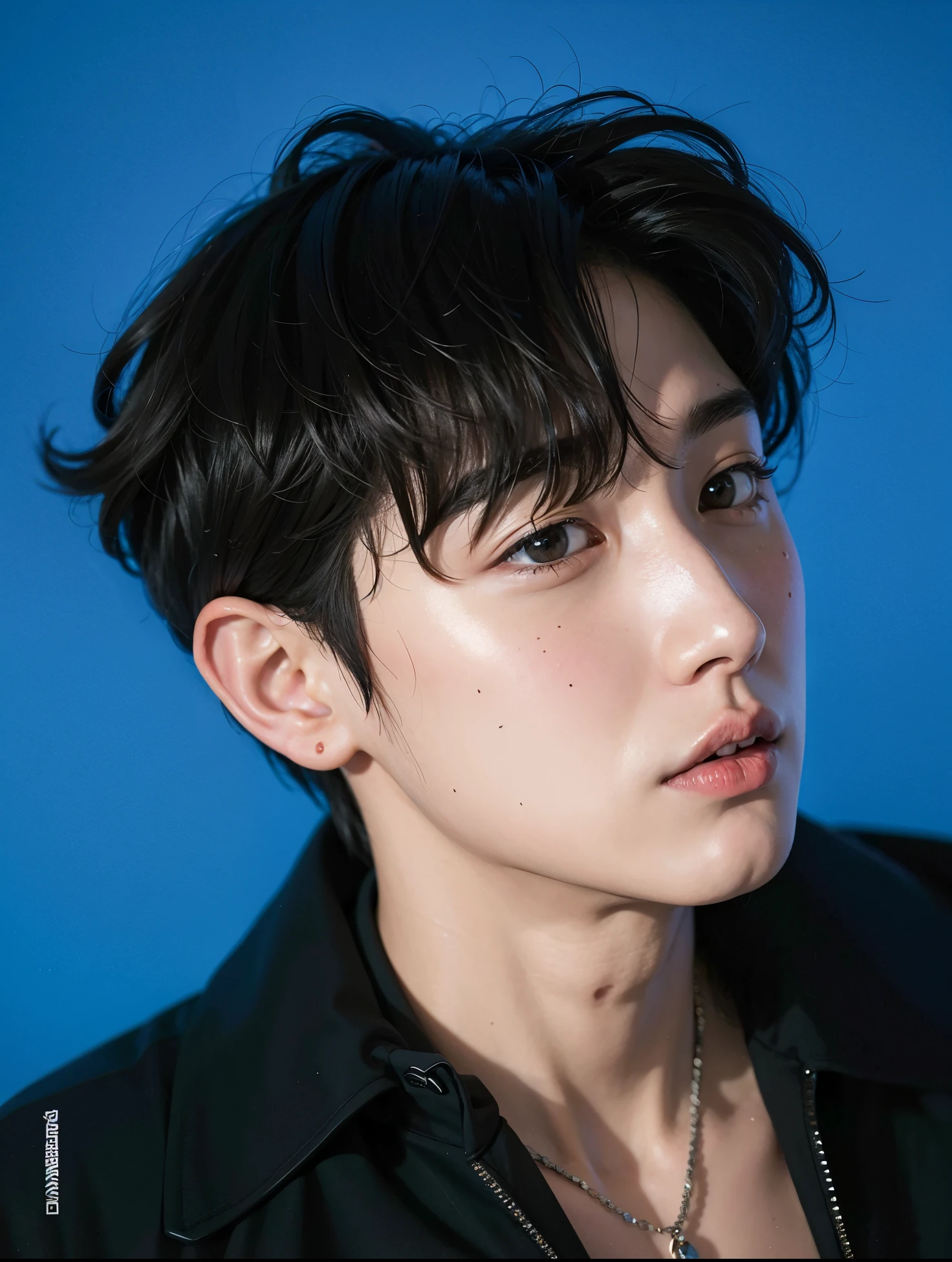 un primer plano de una persona con una chaqueta negra y un collar, Cai Xukun, Jinyoung Shin, Hyung Tae, jungkook, Wonbin Lee, Brillante por la lluvia, Siwoo Kim, por Tadashi Nakayama, Heise Jinyao, diez Lee, Taejune Kim, Ryan Jia, Hyung Tae kim, Sha Xi, Causas de Yasumoto