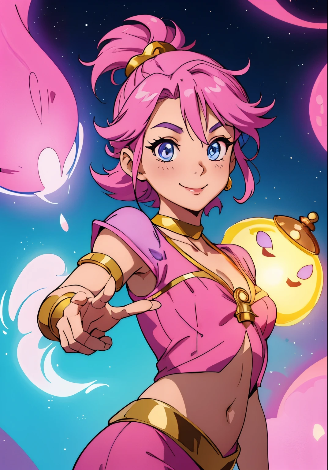 cute girl, Genie of the lamp, Inspired by the genie of the magic lamp in the movie Aladdin, Beautiful eyes, pink clothes, tied hair, beautiful smile, steam