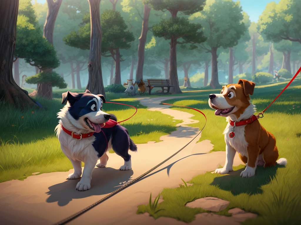 cartoon drawing of two dogs on a leash in a park, animated disney movie inking, published concept art, stylized linework, whole page illustration, by Istvan Banyai, concept art for a video game, by Maksimilijan Vanka, colorkey scene, cartoon concept art