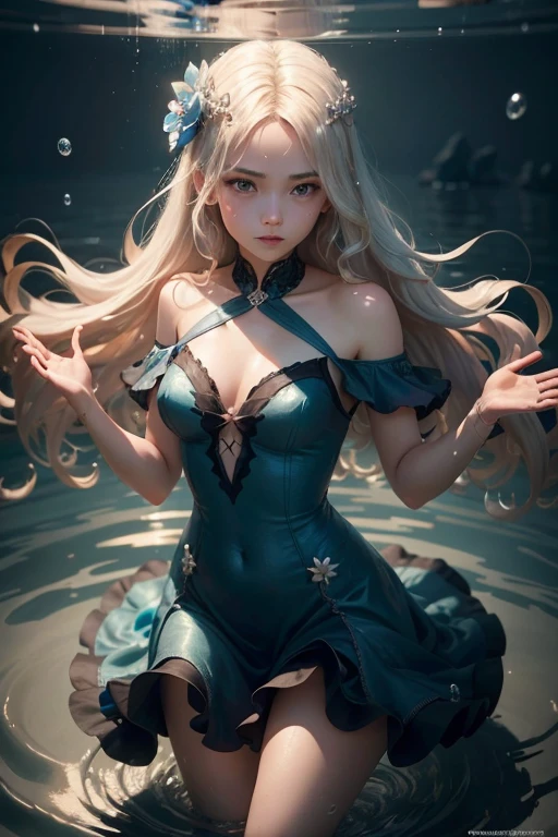 One character is a girl. The figure is full-length, standing half-turned, looking at the viewer. White skin, light long straight hair, waist length hair. Pleasant, pretty, sexy, slanted fox eyes, sweet smile. Magic in the hands, creates a water whirlwind, water sprites, in a circular motion, a water whirlpool in the hands. The magic of water. She is dressed in a blue lace dress, very short, moving to the rhythm of movement. Flowers, water, movement in a circle, one figure of a girl in the center., 02_ Atmosphere of the sea element, in blue tones, flowers, water, girl. High image quality. Wide format FUL HD. High detail, textures, fabrics, flowers, water, body, code, hair. Detailed, beautiful face. Sea light, reflection, refraction. Squeak, starfish, seabed. Unreal Engine, Cinematic 3D rendering. Epic character., blonde hair, hair flower, hair ornament, hair bobbles, x hair ornament, mole under eye, symbol-shaped pupils, sparkling eyes, Surrealism, Art Deco, high detail, Gothic art, depth of field, chiaroscuro, cinematic lighting, ray tracing, reflection light, backlighting, bloom, retina, masterpiece, ccurate, anatomically correct, textured skin, super detail, high details, high quality, award winning, 8k