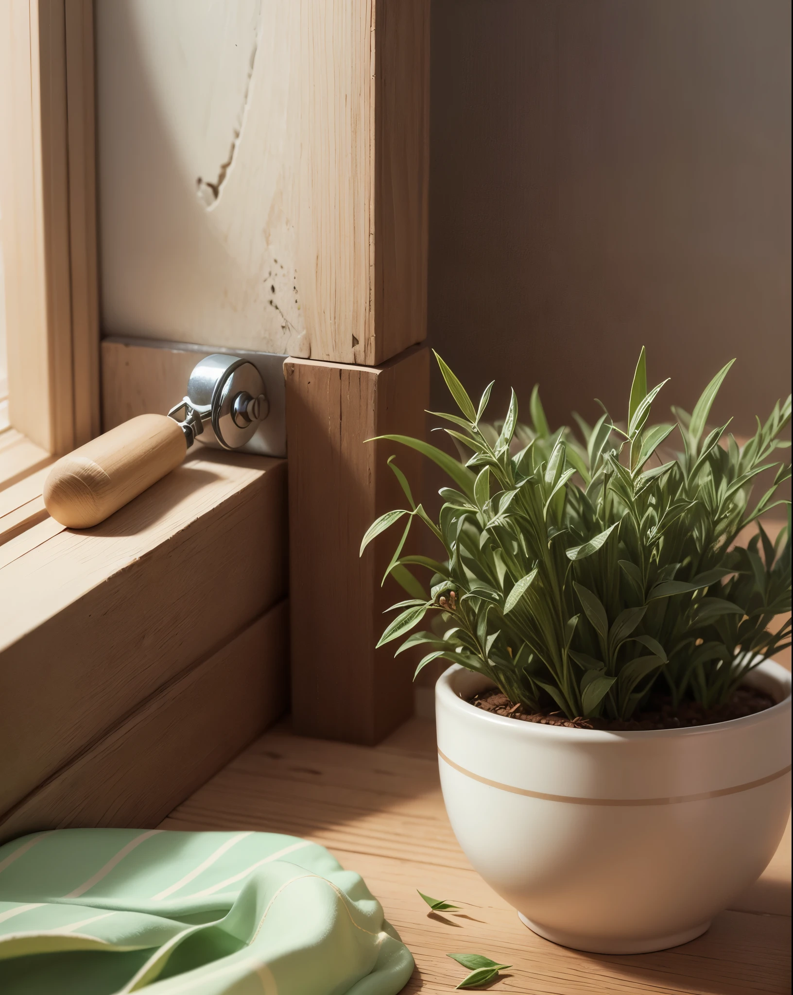 an empty and discolored handkerchief next to a lock of unscented rosemary, with a neutral background, still-life style photography --auto --s2