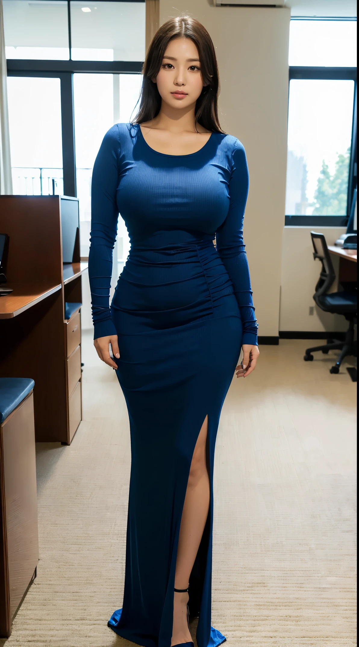 (masutepiece,High quality:1.3),(depth of fields:1.3) ,((front body:1.35)),  Japanese ,woman, no makeup,standard height, (blue Long Sleeve Round neck T-shirt Maxi Tight Dress:1.2), (huge breasts:1.5), thicc, curvy,(Looking at Viewer:1.3),(full body:1.2),Inside the office by the window