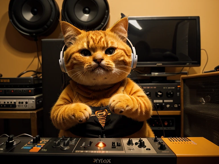 A fat orange DJ cat with headphone is playing synthesizer