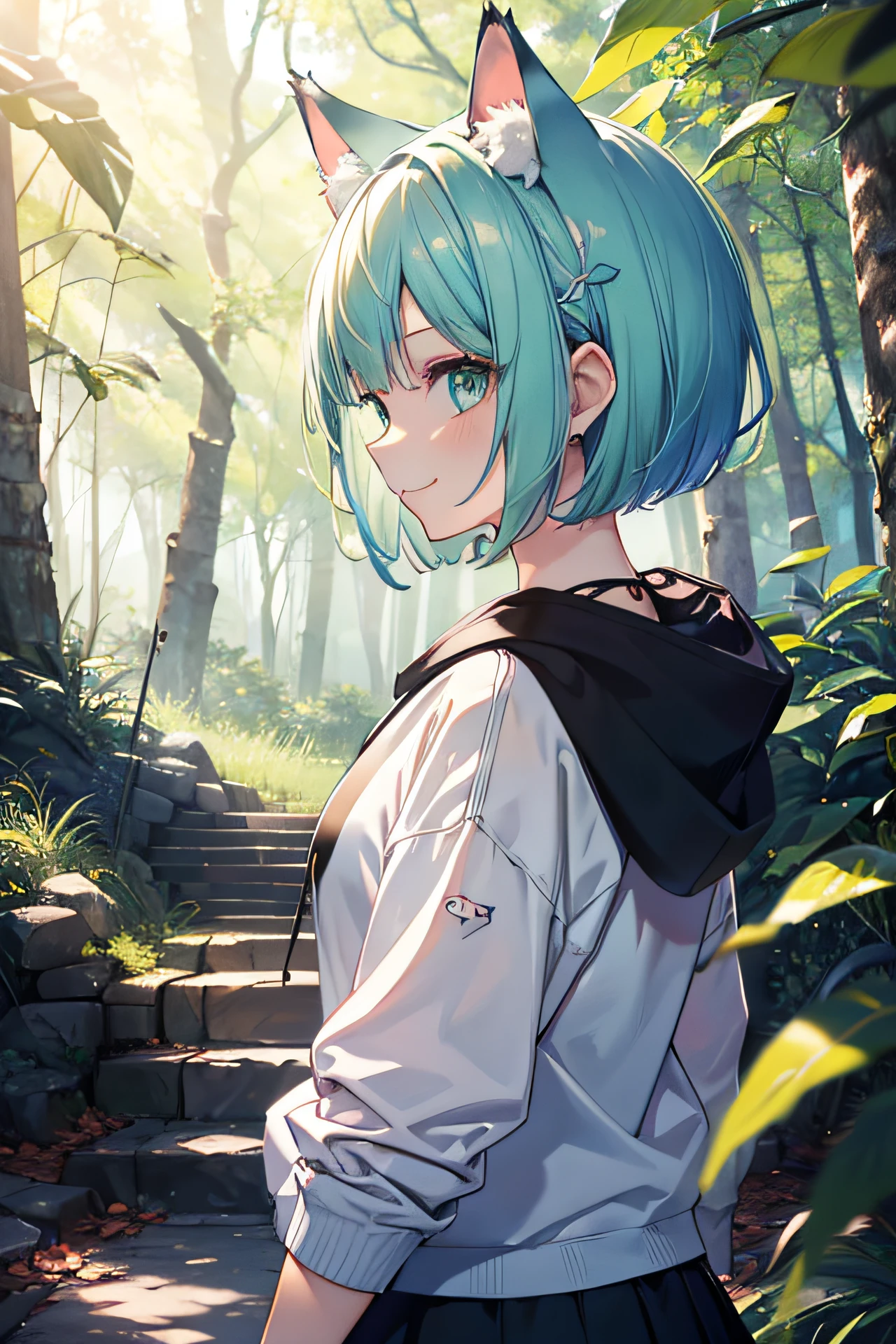 ((masutepiece)), ((Best Quality)), in 8K, detaileds, Ultra-detailed, detailedsで複雑, 1girl in, light blue and green hair, bob cuts, Cat's ears, profile, A smile, Black hoodie, Blue skirt, In the forest