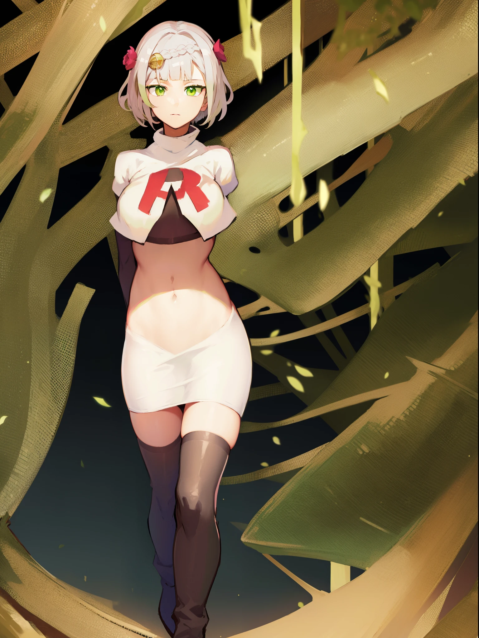 genshinnoelle, noelle, braid, flower, hair flower, hair ornament, short hair, silver hair, (green eyes:1.5),team rocket,team rocket uniform,white skirt,crop top,black thigh-high boots,black elbow gloves,
