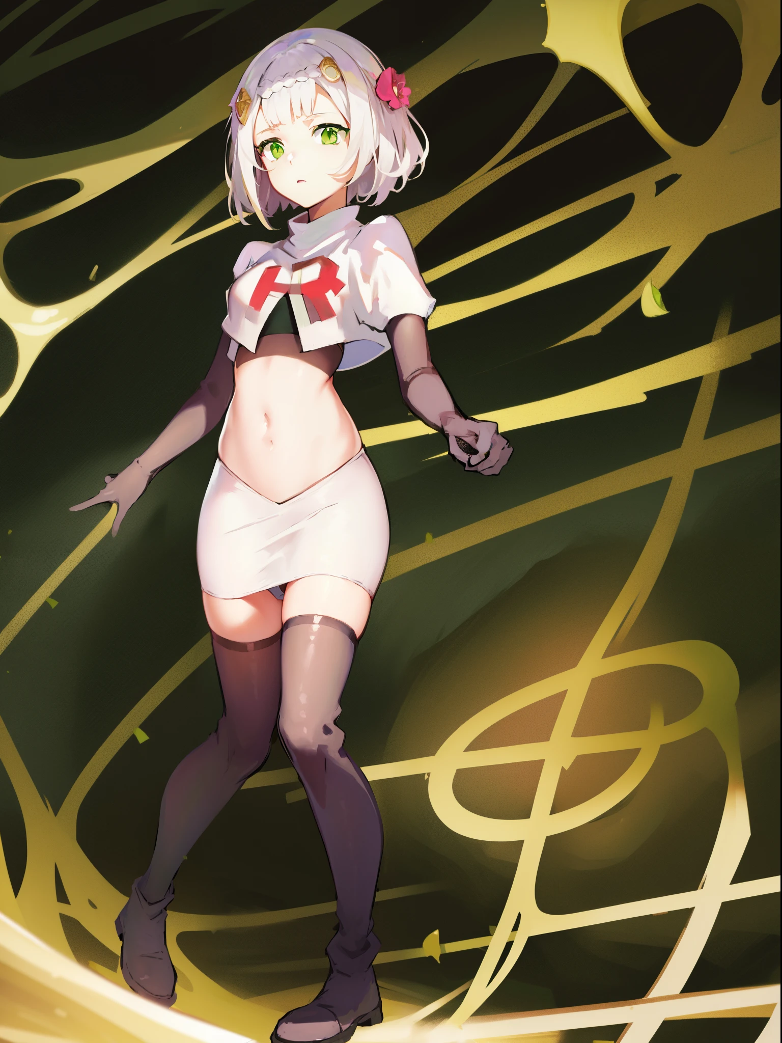 genshinnoelle, noelle, braid, flower, hair flower, hair ornament, short hair, silver hair, (green eyes:1.5),team rocket,team rocket uniform,white skirt,crop top,black thigh-high boots,black elbow gloves,
