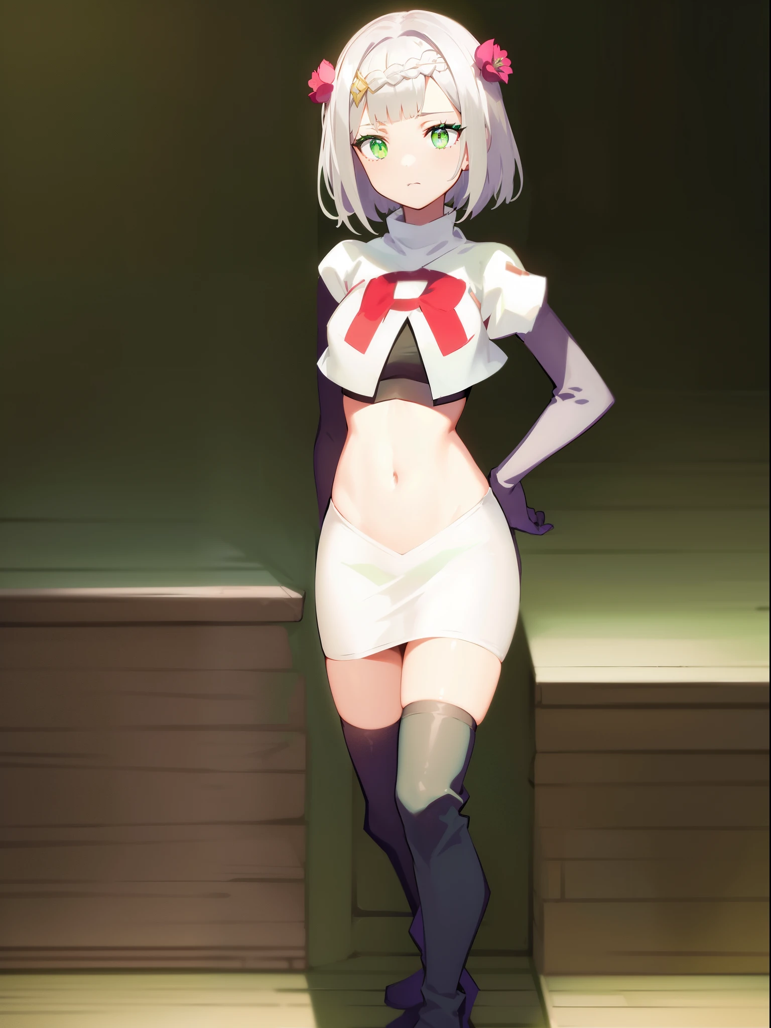 genshinnoelle, noelle, braid, flower, hair flower, hair ornament, short hair, silver hair, (green eyes:1.5),team rocket,team rocket uniform,white skirt,crop top,black thigh-high boots,black elbow gloves,