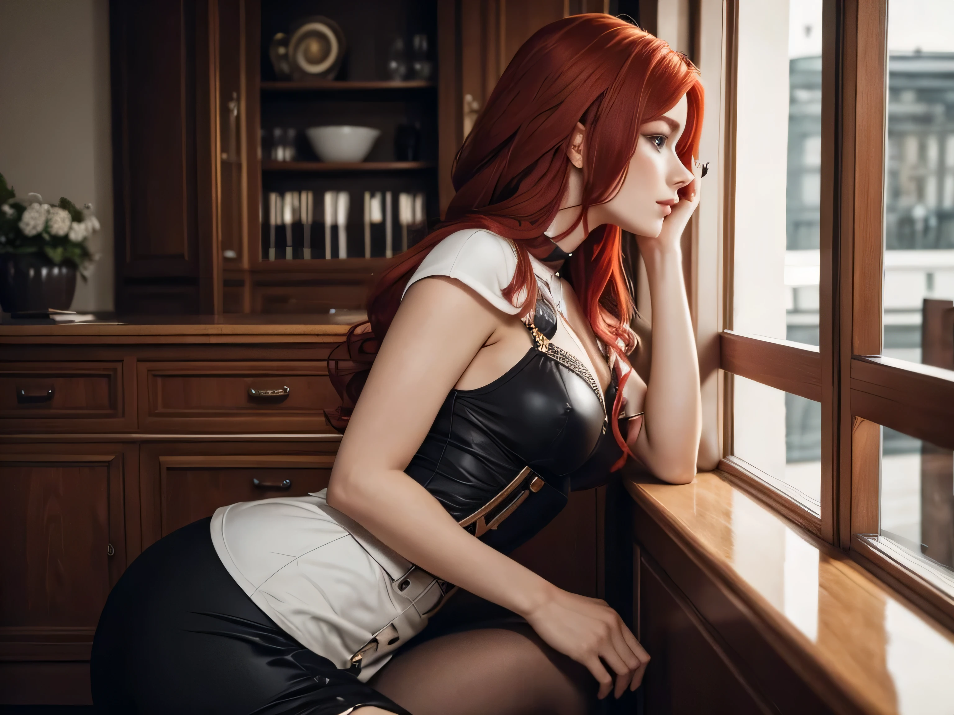 mulher europeia, 25 anos, Profile position, Alegre, fundo branco, medium red hair