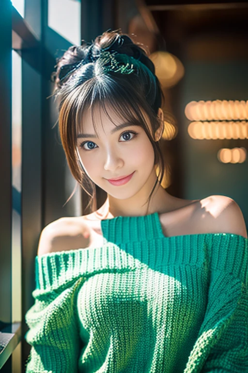 masterpiece, best quality, ultra-detailed, extremely detailed, 4K, 8K, best quality, beautiful, pretty woman, solo, beautiful light blue hair, beautiful green eyes, beautiful eyes, long hair, cat ears,
BREAK
in the middle, smile, open mouth, off-shoulder knit sweater, miniskirt, ponytail, black knee socks,
BREAK
background, bar, (dynamic angle), in Anime style