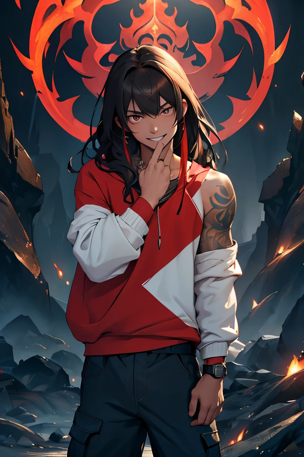 (Masterpiece:1.3),(Best Quality:1.2),8K,absurdress,unity 8K wallpapper,(Extremely detailed:1.3),supreme,hight resolution,Amazing,illustartion,Beautiful studio soft light,Stunningly beautiful,incredibly absurdress,Vivid details,Cinematic lighting,moody lighting,pixiv,Award-winning, Professional, Highly detailed, All, 独奏, looking a viewer, grin, Long hair, shoulder-length hair, Small bangs , Dark brown hair, (tattoo on the arm:1.2), bright red eye color, ember, closed mouth, Standing, (blue sweatshirt:1.3), (black plain trousers:1.3), in full height, male focus, grin, watch on the arm, facing viewer, (abandoned background:1.1), neck open, Athletic body,(Magic:1.3), (aura:1.3), ember, Masculine facial features, ember, brawn