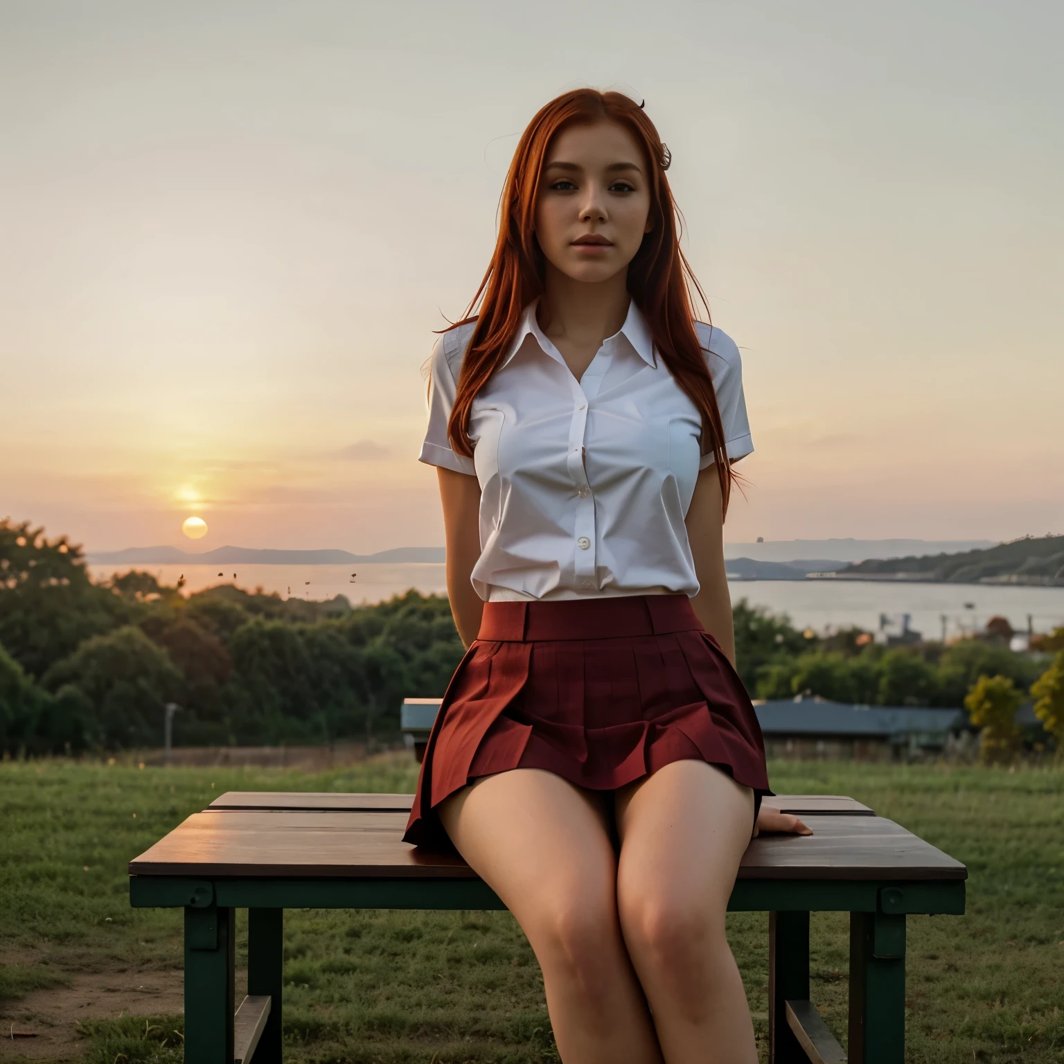 red hair, modelling, perfect body perfect face, wearing a school girl outfit, blouse and skirt, sitting on a bench, sunset, extremely detailled, 4k