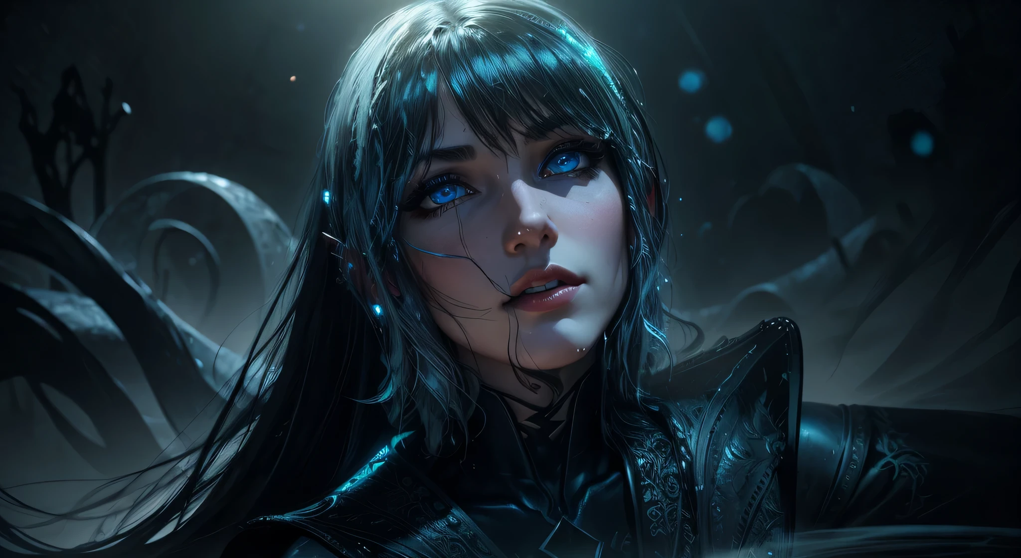 (photo realism, Best Quality, High Details, hight resolution:1.2, Masterpiece, 4k), (Dark Fantasy Illustration:1.portrait of a beautiful elven woman, ((surrounded by black fog, I&#39;m attacking from all sides)), Messy long black hair, , beatiful face, Hourglass body, Cyan eyes, gloweyes)), elegant, Intricate ,  (finely detailed beautiful eyes: 1.2),  the perfect body, looking a viewer, enchanting gaze,, full-length portrait, Cinematic lighting, space and stars in the background, purple tones, ((low key light)), Turning off the lights, Super detailed, ultra realisic, digital photography