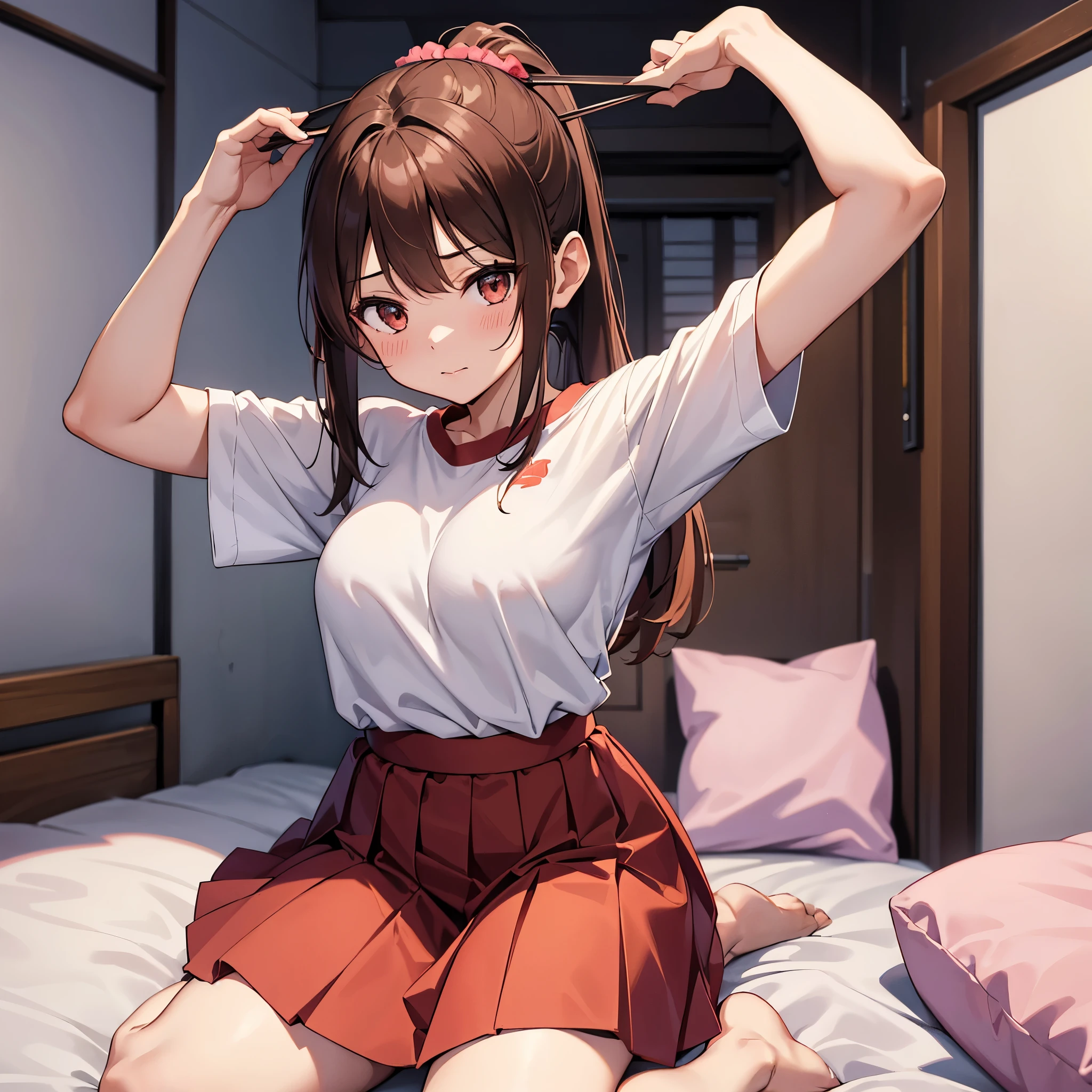 chizuru, 1girl, solo, long_hair, breasts, looking_at_viewer, blush, bangs, skirt, large_breasts, brown_hair, shirt, brown_eyes, sitting, closed_mouth, full_body, white_shirt, ponytail, short_sleeves, pleated_skirt, indoors, arms_up, orange_eyes, pillow, kneeling, bed, red_skirt, on_bed, scrunchie, t-shirt, seiza, hair_scrunchie, pink_skirt, long_skirt, adjusting_hair, tying_hair, tissue_box