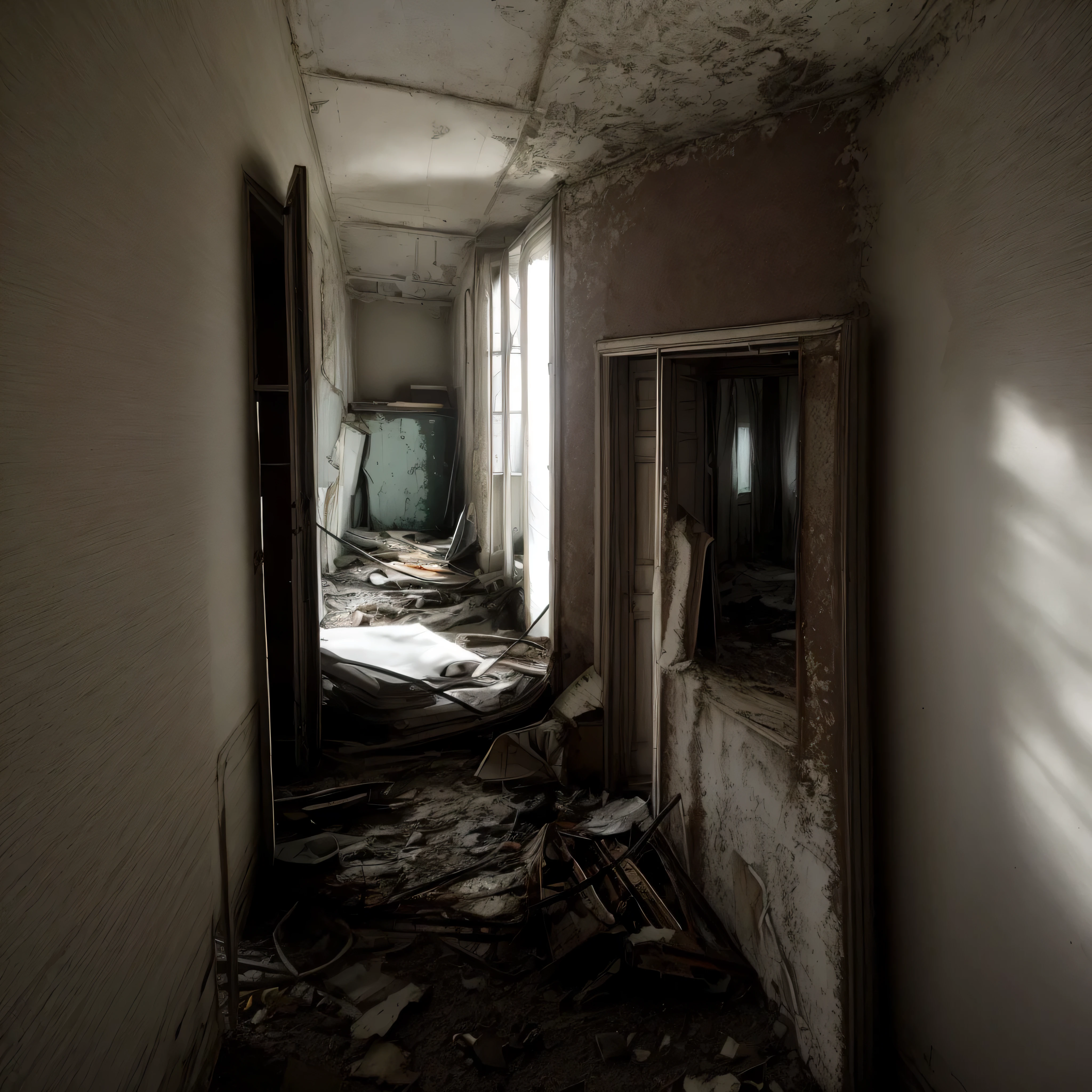 couloir arafé avec beaucoup de débris et une fenêtre, couloir sombre et abandonné la nuit, dans une maison abandonnée, À l'intérieur d'une maison hantée détruite, dans une chambre d'hôpital délabrée, intérieur Hôpital abandonné, À l'intérieur d'une chambre d'hôpital en décomposition, dans une chambre d'hôpital délabrée, dans une maison abandonnée désolée, Hôpital abandonné, couloirs sombres
