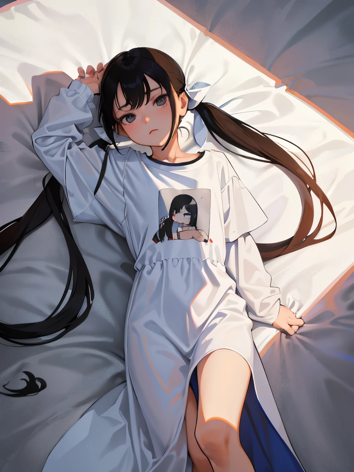 （​masterpiece，Highest Quality），()，((Long T-shirt，Thin dress))，(A dark-haired，long twintail)，sleepy expression，Delicate body