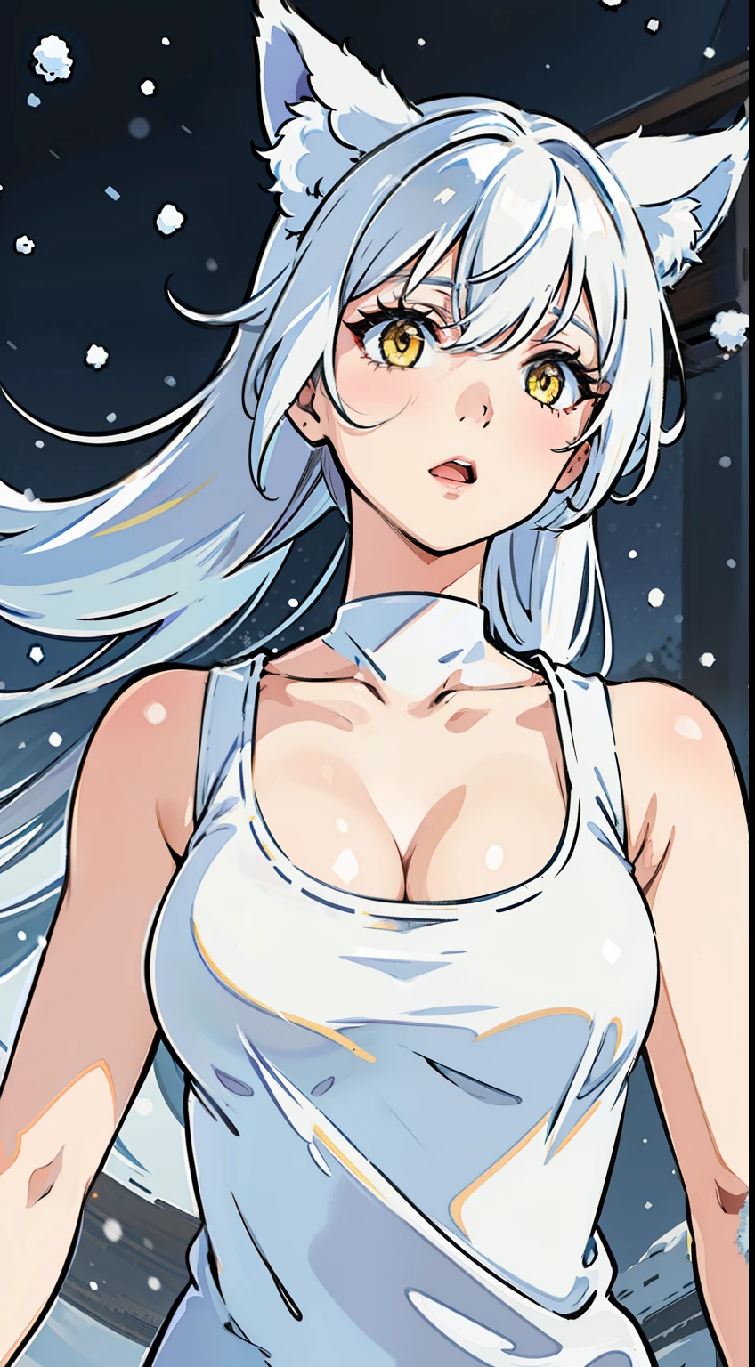 1girl,solo,medium breasts,mature female,((white sleeveless and shoulderless t-shirt,cleavage)),silver hair,long hair,yellow eyes,fox ears,((in snow,snowing)),looking to down view,((from below,pov)),:o