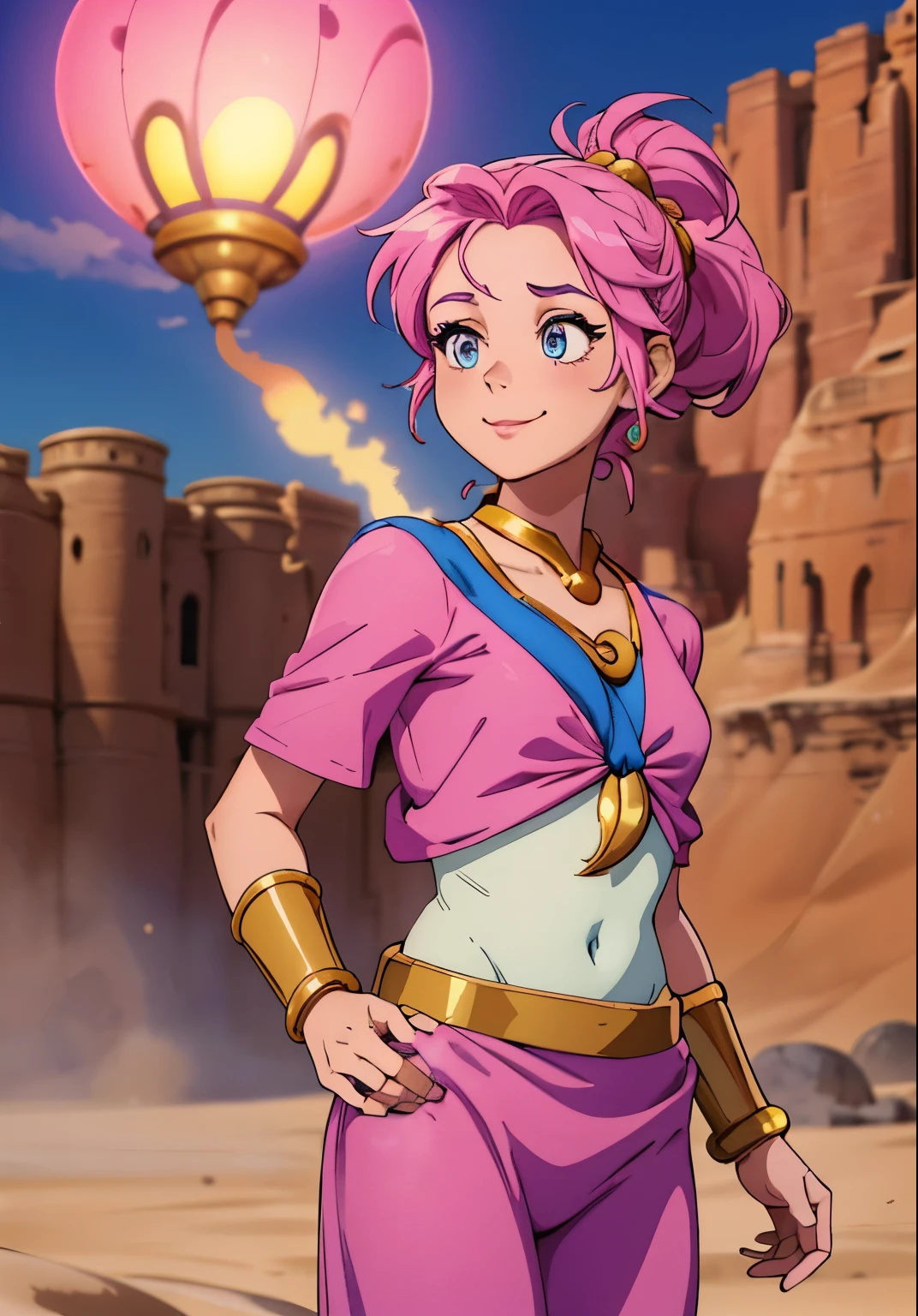 cute girl, Genie of the lamp, Inspired by the genie of the magic lamp in the movie Aladdin, Beautiful eyes, pink clothes, tied hair, beautiful smile, steam, Desert in the background