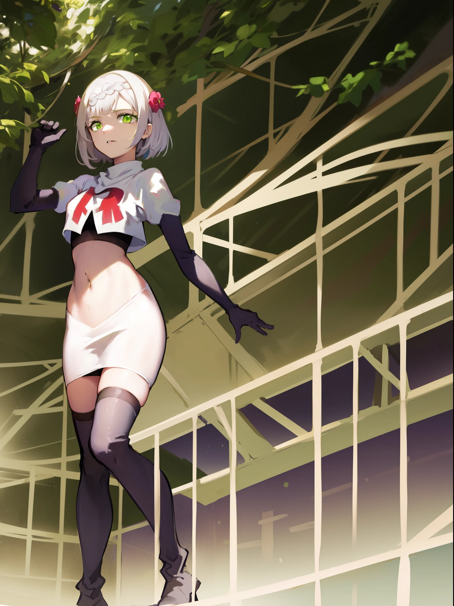 score_9, score_7_up BREAK solo,dark-skinned female,outdoors,OutfitCas,grey hair, short hair,bow hairband, black skirt, pleated skirt, white shirt, collared shirt, short sleeves,looking at viewer,thick thighs,sitting,crossed legs <lora:EPpkBea:1>
