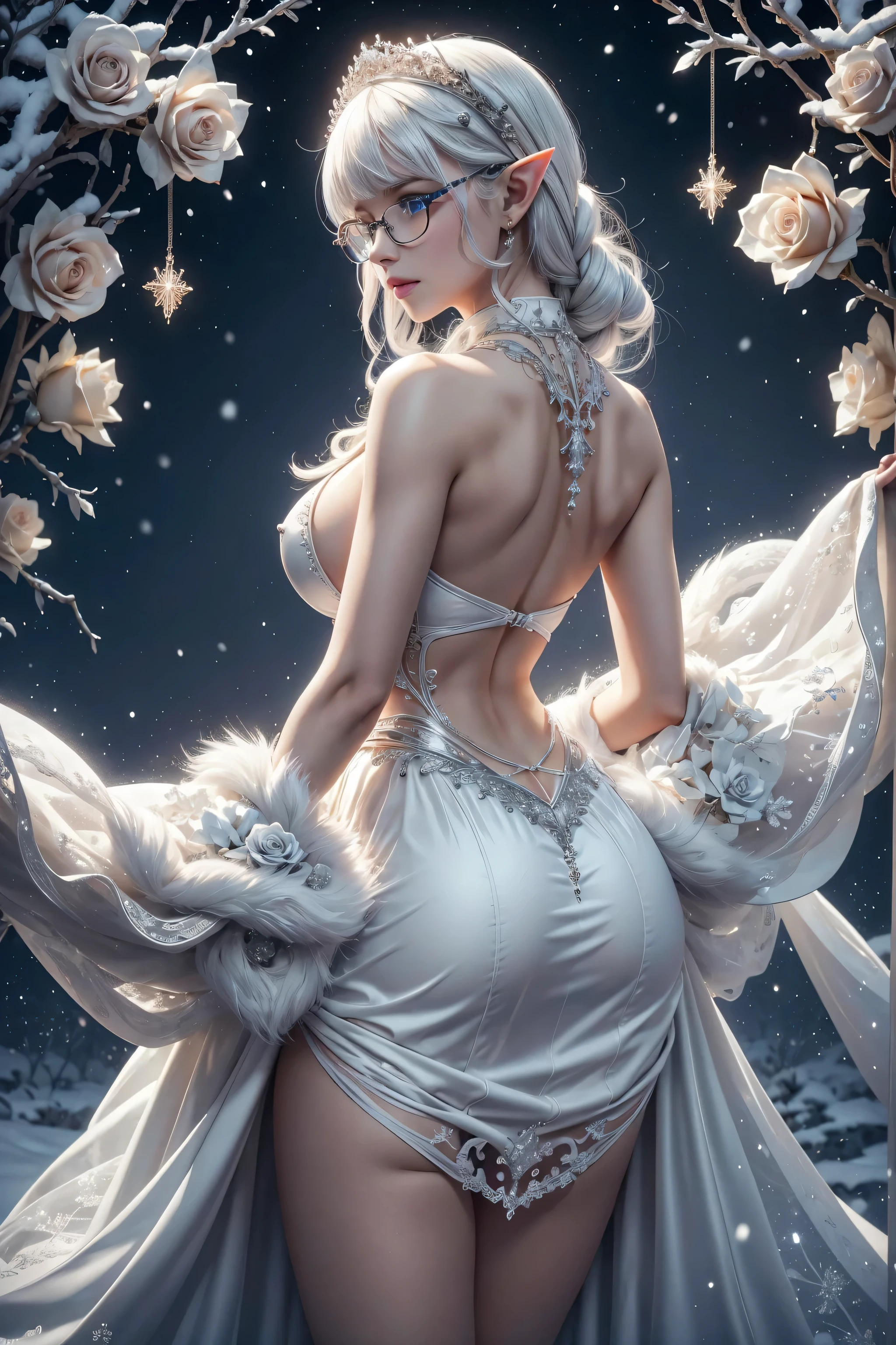 I want to become a strong shadow eater...,Beautiful white silver hair,Medium Shorthair,Braids on the front only,Aligned bangs,Black tabby glasses,,A beautiful Blue eyes,Elven ears,Beautiful white skin,Gothic dresses,Photorealsitic,An ultra-high picture quality,hightquality,​masterpiece,Digital SLR,Detailed details,Intricate details,Based on anatomical grounds,Depicted in detail,Detailed face,realistic skin textures,Vivid details,perfect anatomia,perfect anatomia,Anatomically correct hand,Anatomically correct fingers,Super Detail,Complex 3D Rendering,Colossal tits,sexy  pose,Beautiful back view,sexy hips,White gold sequin long dress studded with silver,white gold rose hat,white fur coat,Gift Ribbon,More about neon colors,Put it in a nice photo frame and display it,Blue Nails,Beautiful Morning Sun,clear cold sky,fantastic morning sun,beautiful christmas scenery,mysterious snow scene,It's snowing,beautiful ilumination,Christmas tree,Picturesque beauty,Photograph the whole body,9 head body,Pink lip,Luxurious necklace,emphasize the beautiful whole body,Beautiful nails,Black bondage,Beautiful burning rose,High-leg T-back,