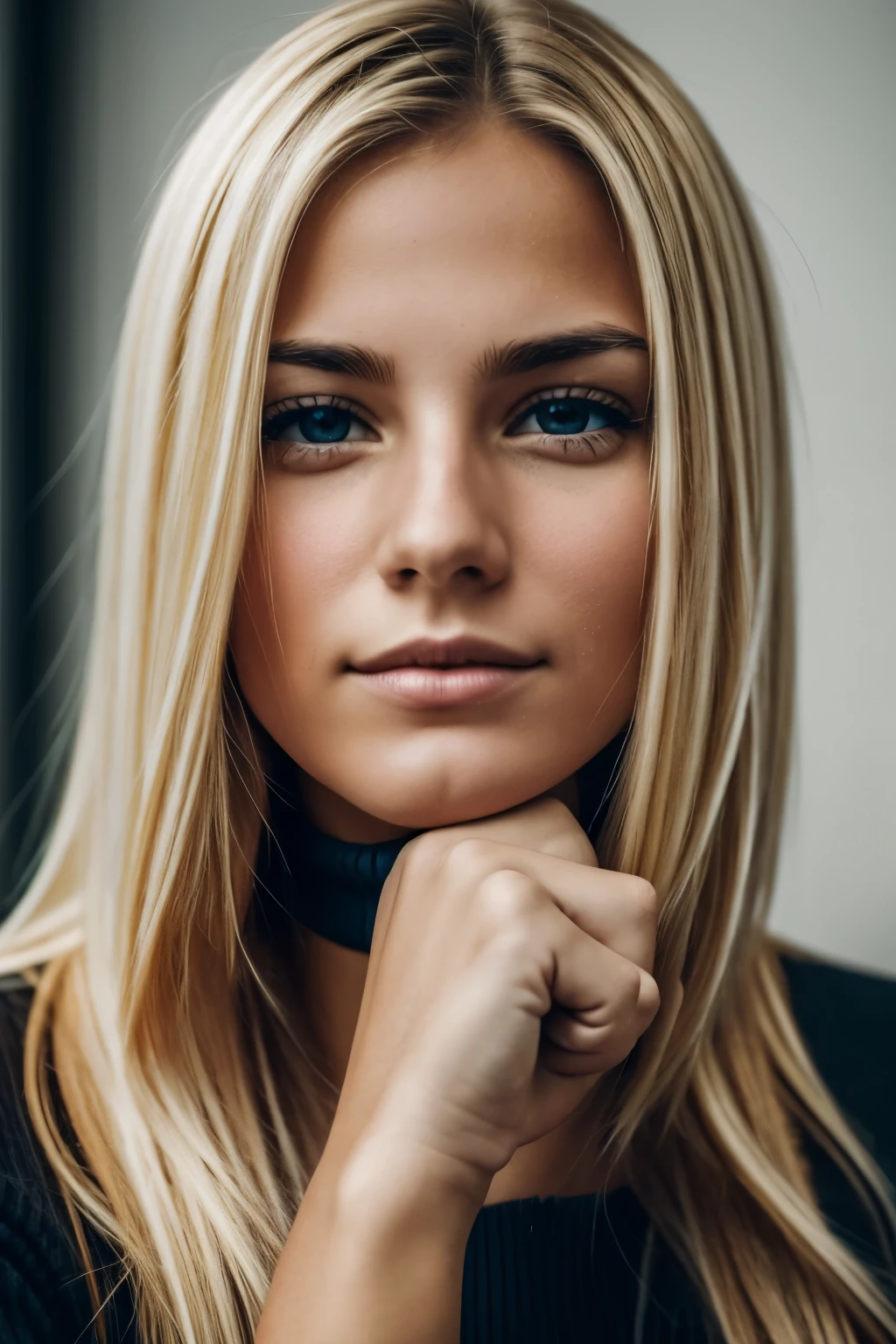 a blond girl looking straight into the chamera and reststing her chin on her fist.