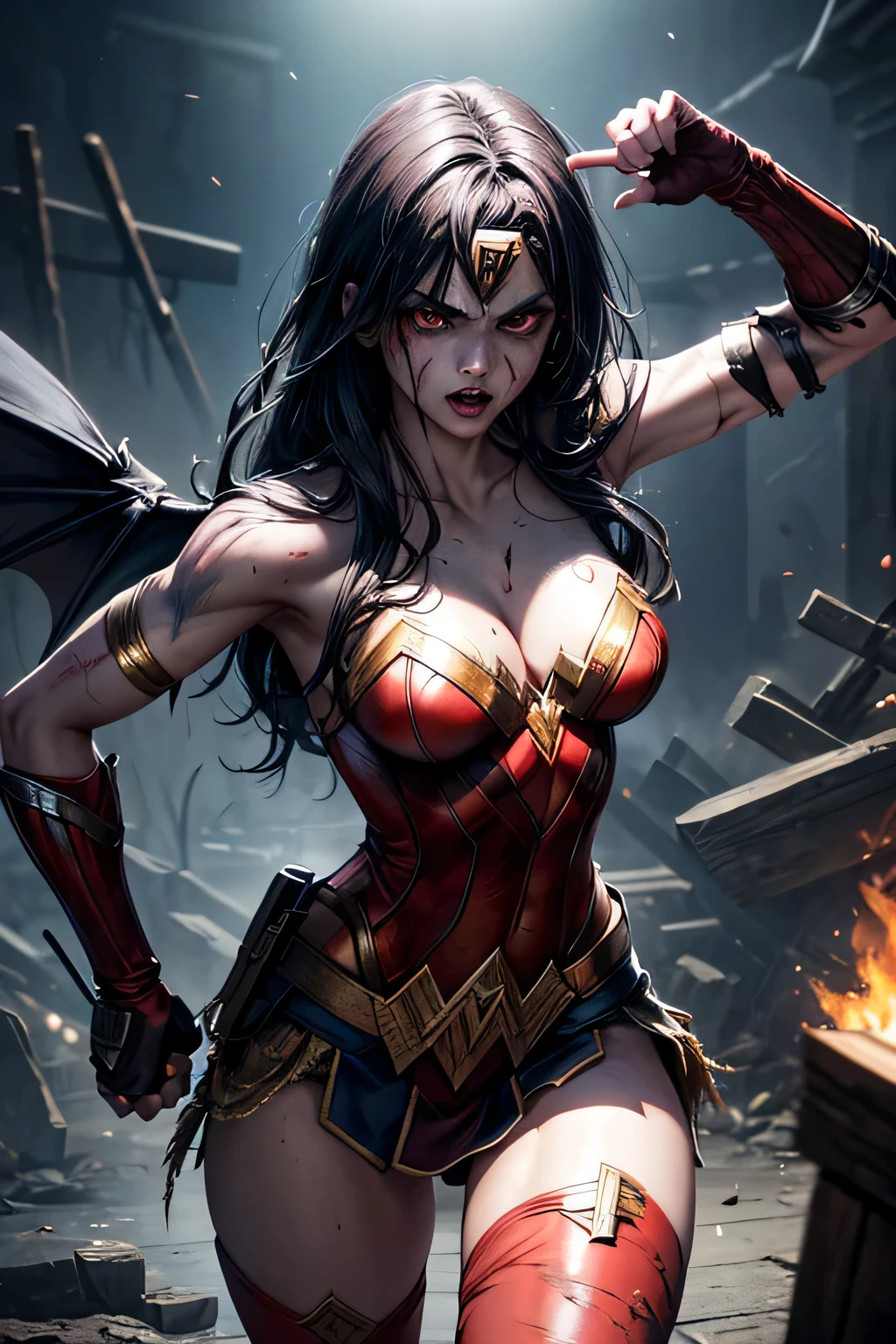 dead evil rotting zombie girl Superhero Wonder Woman, combat stance, highly detailed, evil vilanious look, menacing, bloody, bloodthirsty, ripped clothes, torn apart costume, vibrant appearance, creative behavior, extremly detailed, imaginative, , spontaneous, highest quality, skin texture, intricate details, (cinematic lighting), RAW photo, 8k, masterpiece,best quality,ultra-detailed,very detailed illustrations,extremely detailed,intricate details,highres,super complex details,extremely detailed 8k cg wallpaper,