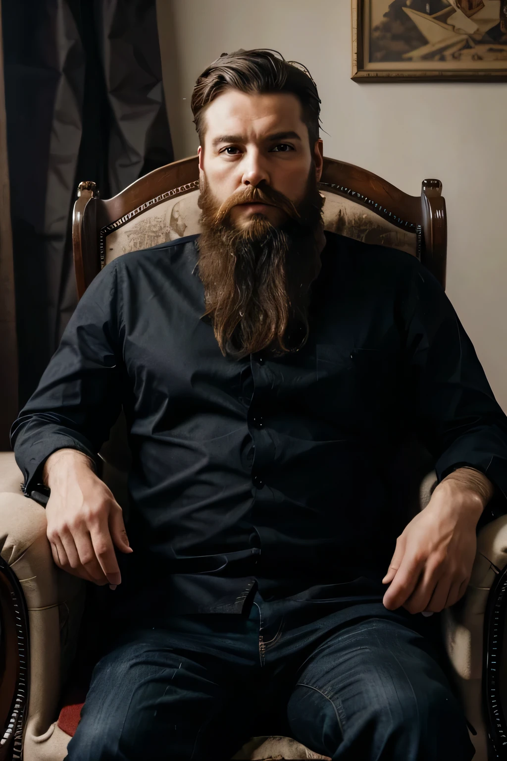 bearded man sitting in king armchair looking forward