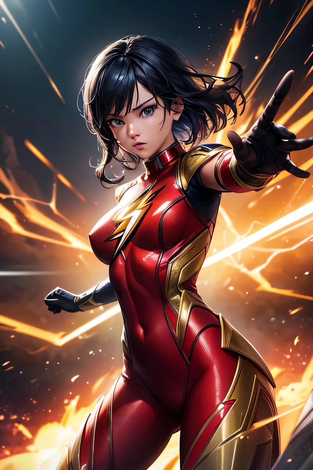 Superhero girl Flash, combat stance, highly detailed, sexi, revealing, vibrant appearance, creative behavior, extremly detailed, imaginative, , spontaneous, highest quality, skin texture, intricate details, (cinematic lighting), RAW photo, 8k, masterpiece,best quality,ultra-detailed,very detailed illustrations,extremely detailed,intricate details,highres,super complex details,extremely detailed 8k cg wallpaper,