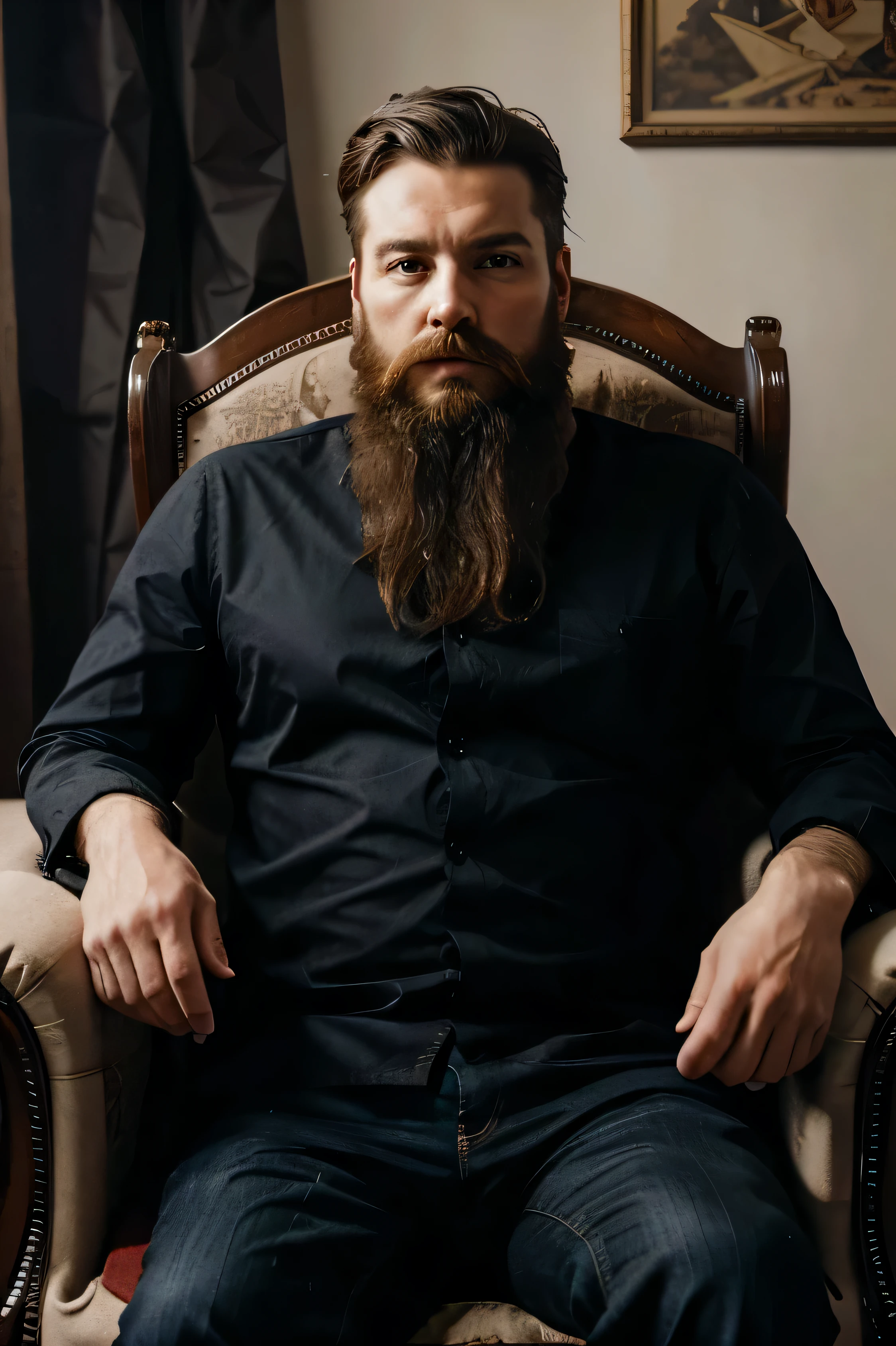 bearded man sitting in king armchair looking forward